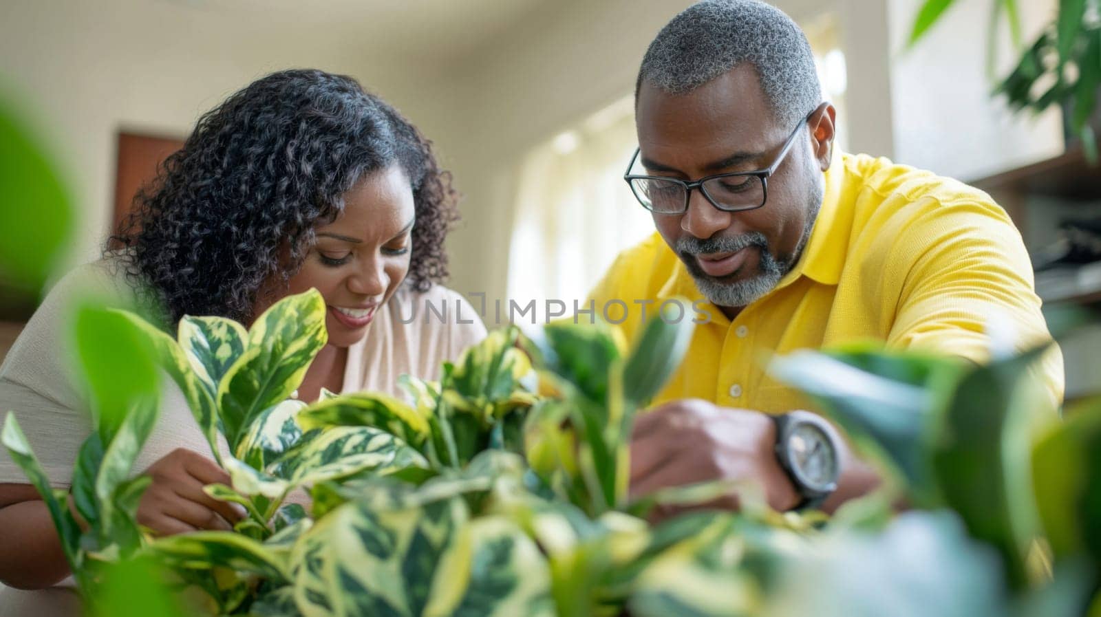 Couple caring houseplants at home. African american mature man and woman with green plants. AI Generated