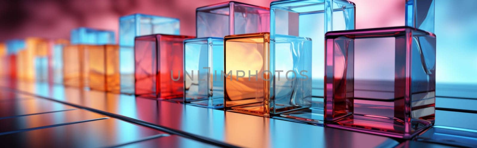 Abstract background of reflective neon purple, blue and orange glass cubes with copy space, AI generated