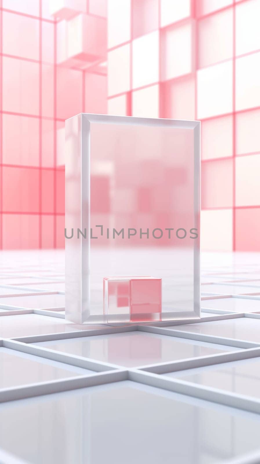 Abstract pastel pink geometric shapes with white sphere and blocks background, AI Generated