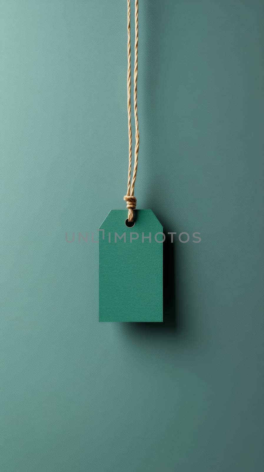 Blank price tag mockup with string on color background, AI Generated