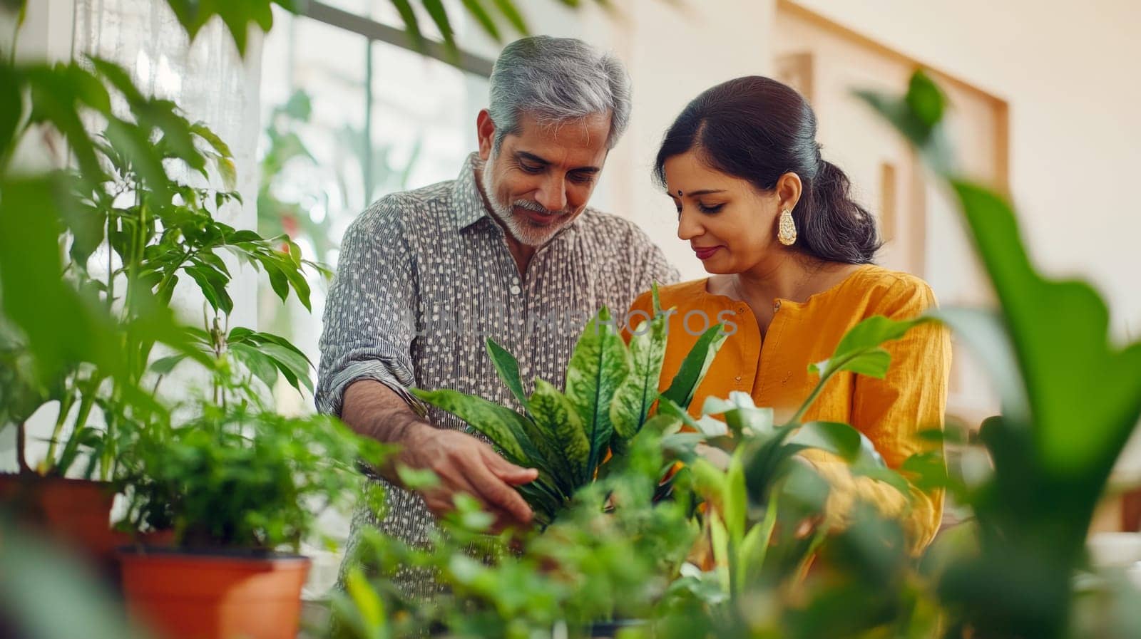 Couple caring houseplants at home. Indian american middle aged man and woman with green plants. AI Generated