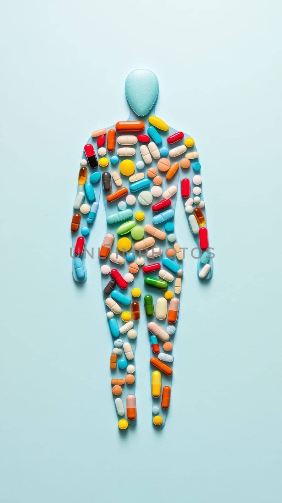 Human figure made of assorted pills on color background, symbolizing healthcare, AI Generated