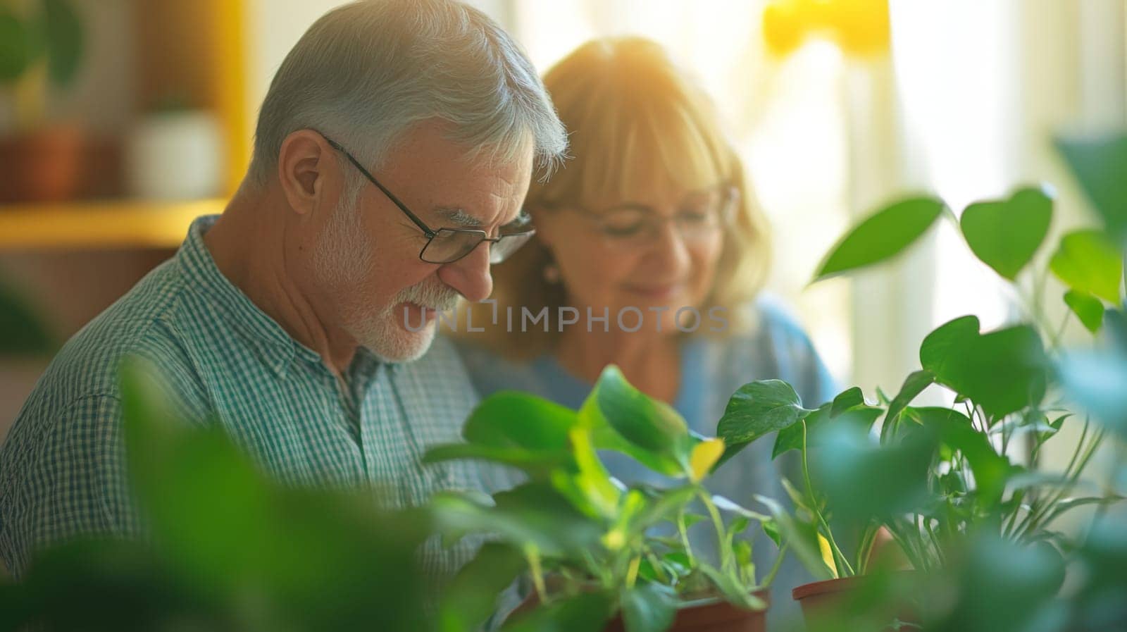 Couple caring houseplants at home. Caucasian mature man and woman with green plants. AI Generated