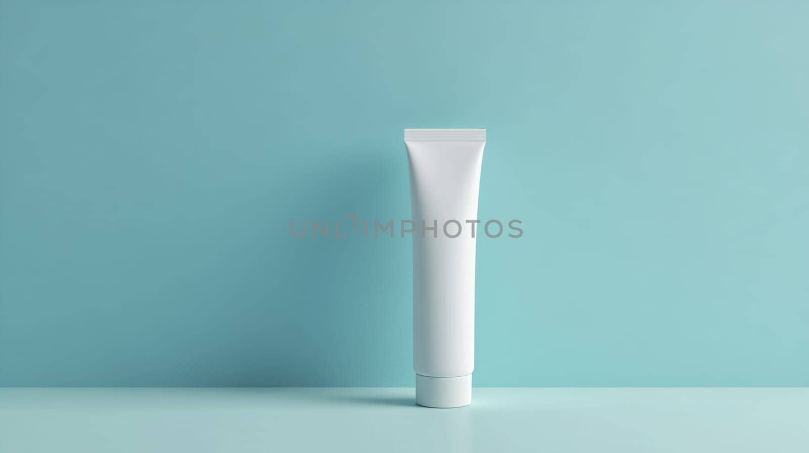 White cosmetic tube mockup on color background, minimalist display concept, AI Generated