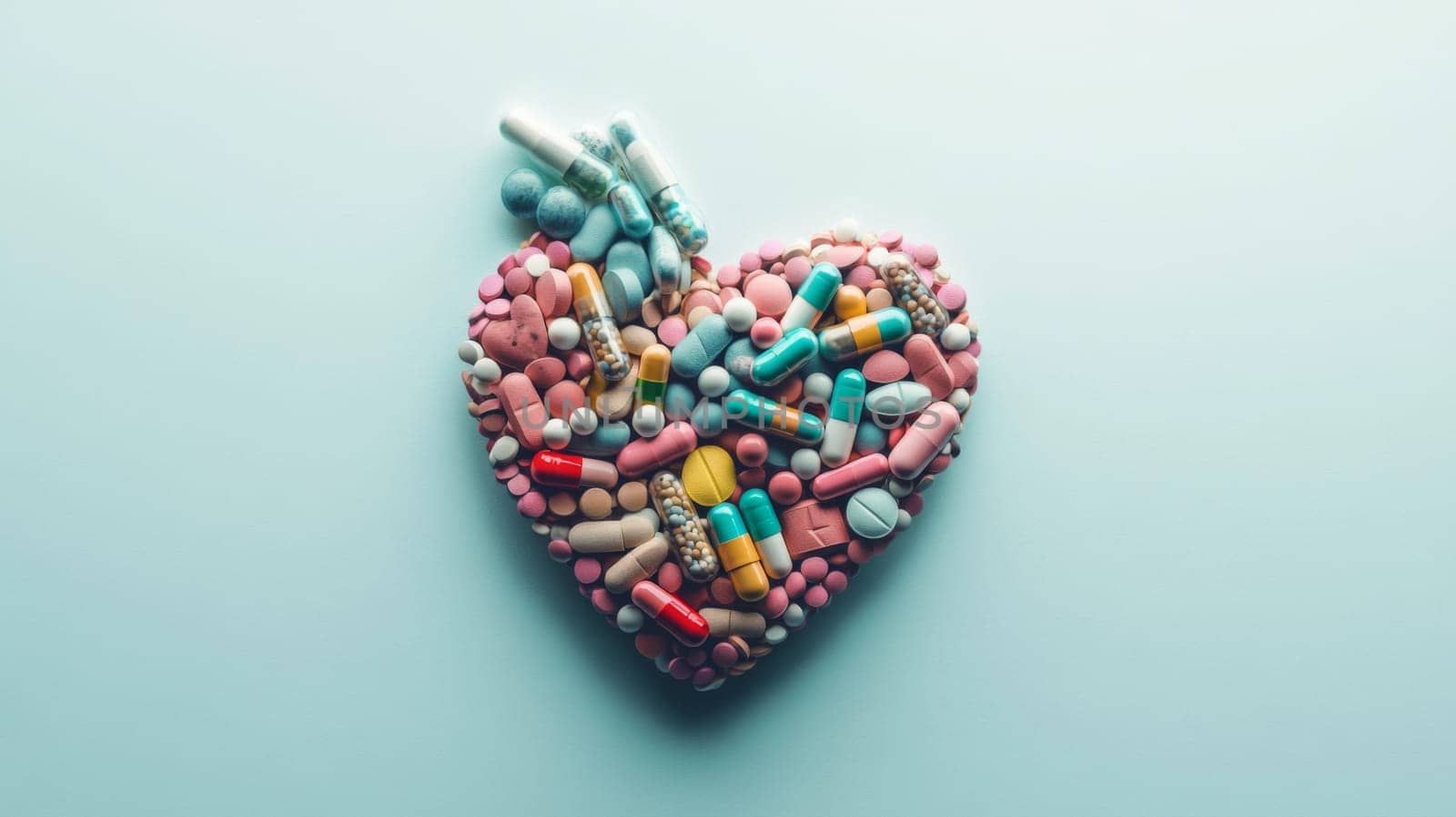 Heart shaped arrangement of various colorful pills on light background, AI Generated
