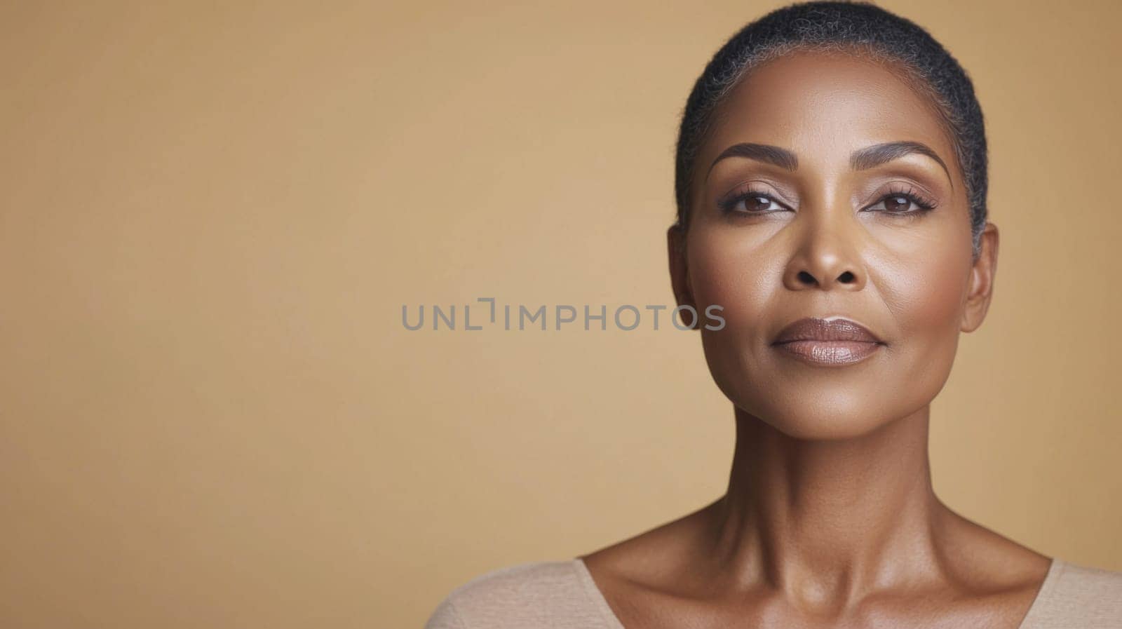 Portrait of confident mature African American woman, neutral background with copy space, AI Generated