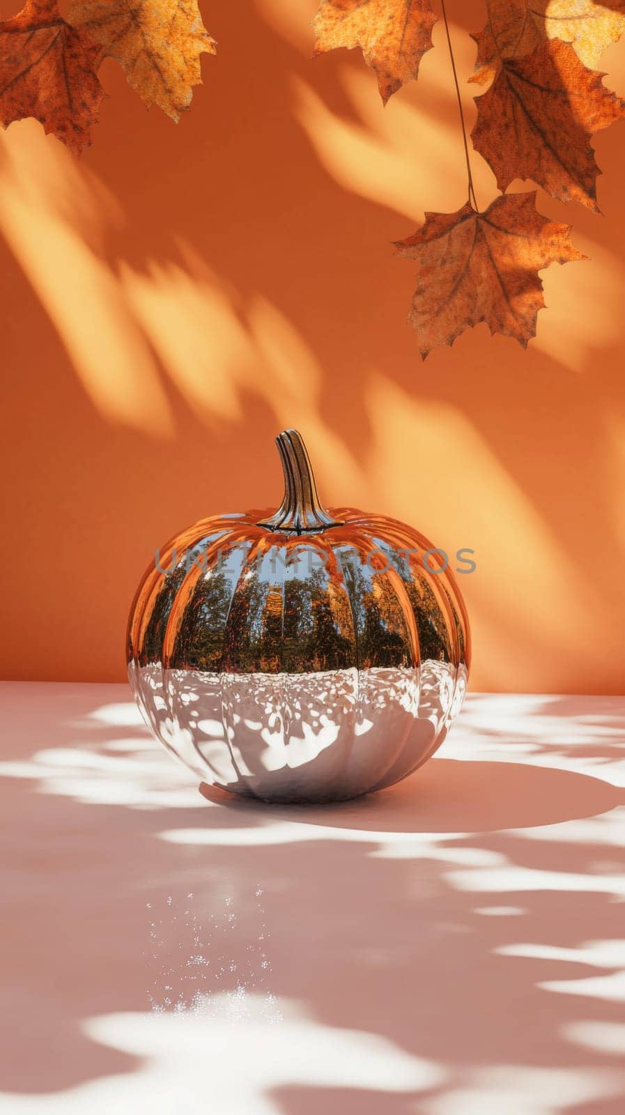 Pumpkin mirror ball in sunlight on the floor background with copy space, AI Generated