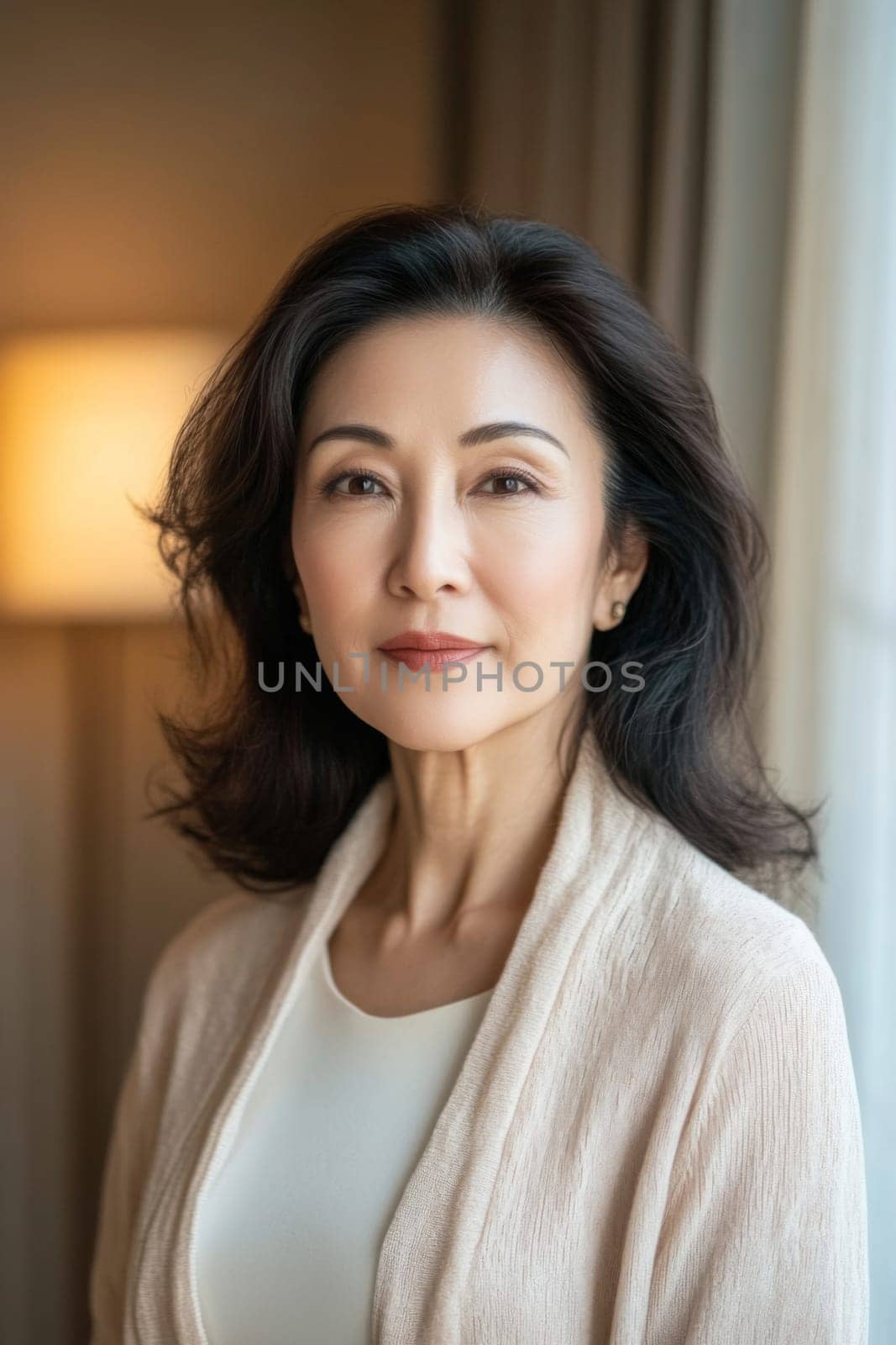 Portrait of middle-aged East Asian woman with neutral expression against plain background, AI Generated