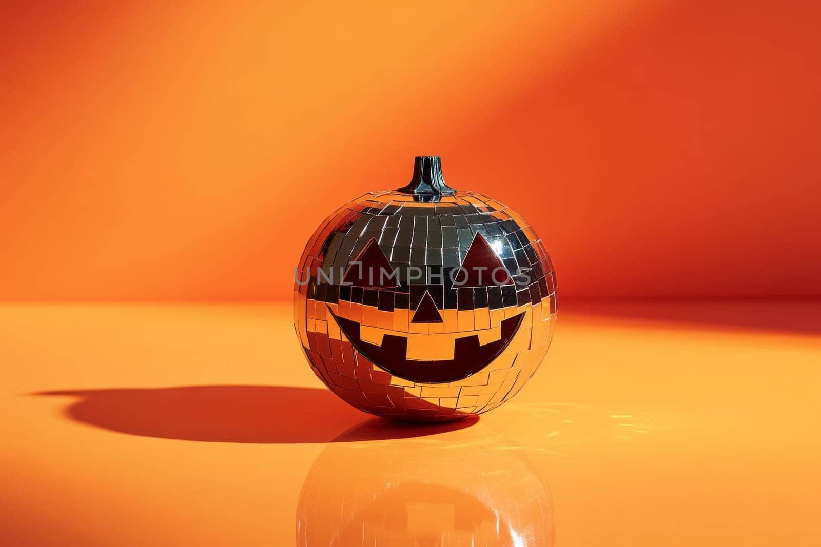 Pumpkin mirror ball in sunlight on the floor background with copy space, AI Generated