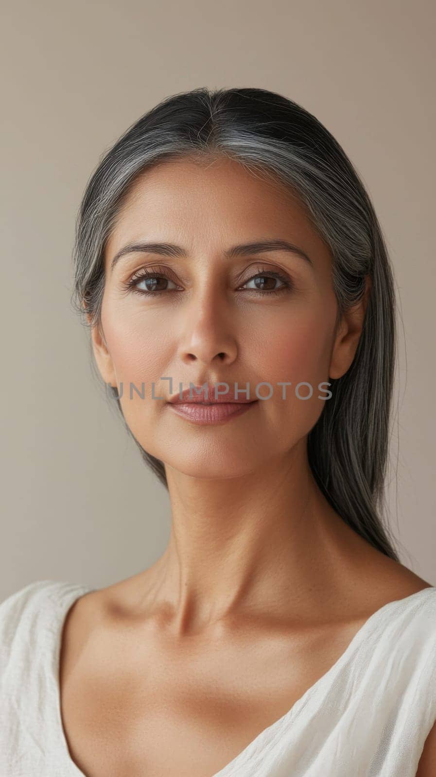 Portrait of middle-aged indian woman with long hair against neutral background, AI generated
