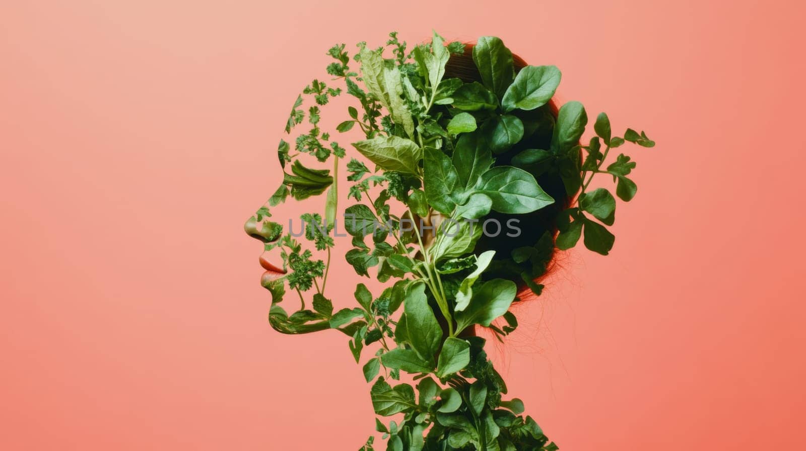 Profile of woman made from green leaves on pastel color background, AI Generated