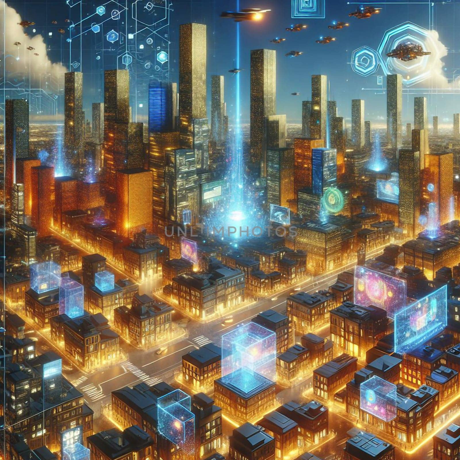 A futuristic cityscape at night, with glowing holographic displays showing data and information. Flying cars and drones are visible in the sky. A high-quality photo.