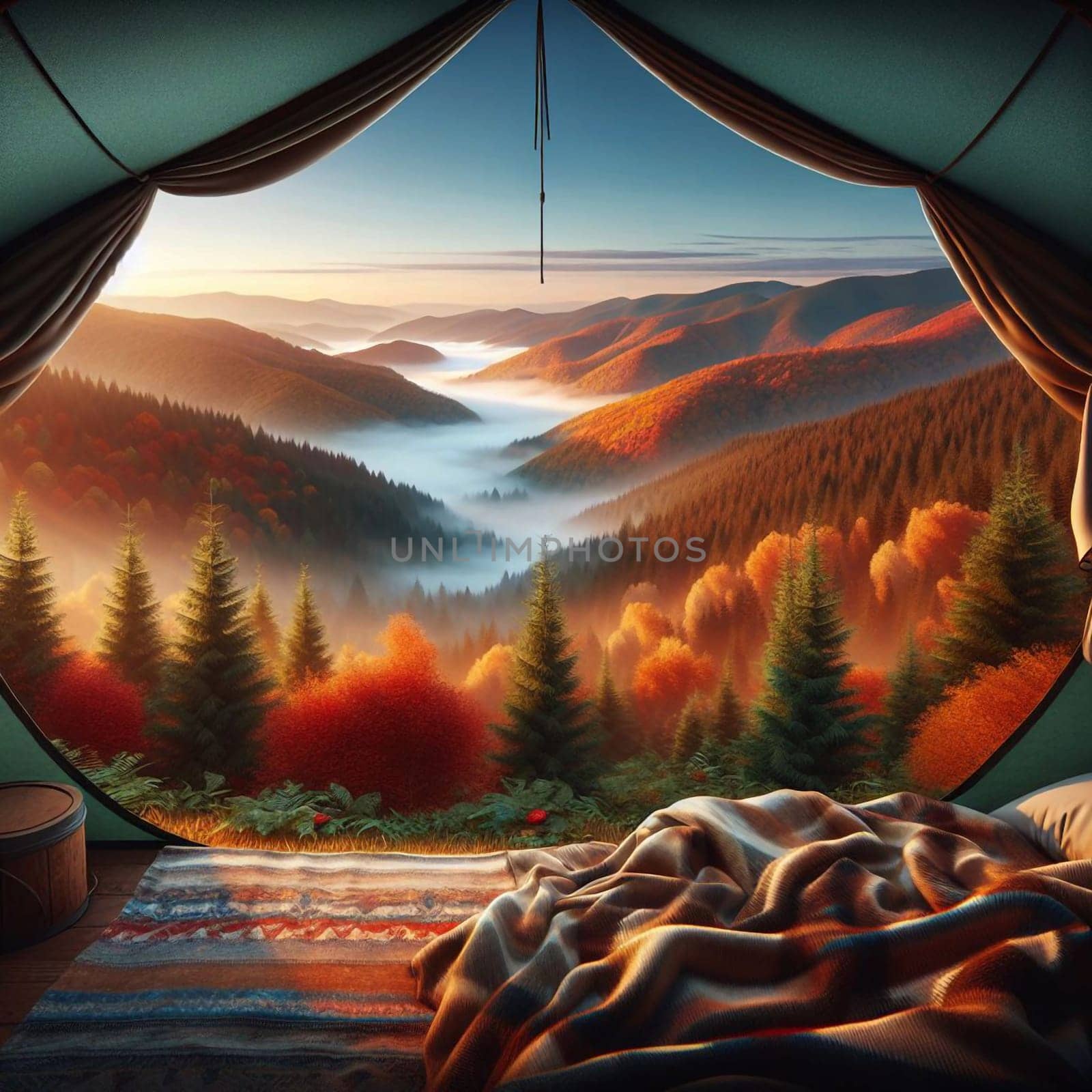 A view from inside a tent, looking out at a breathtaking mountain valley with fog and autumn foliage. The scene is peaceful and serene, with the sun rising over the mountains. A high-quality photo.
