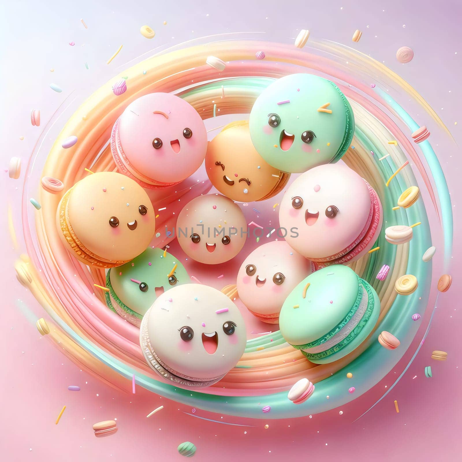 A group of colorful macarons with happy faces flying in a circle, with colorful sprinkles and ribbons flying around them. A high-quality photo.