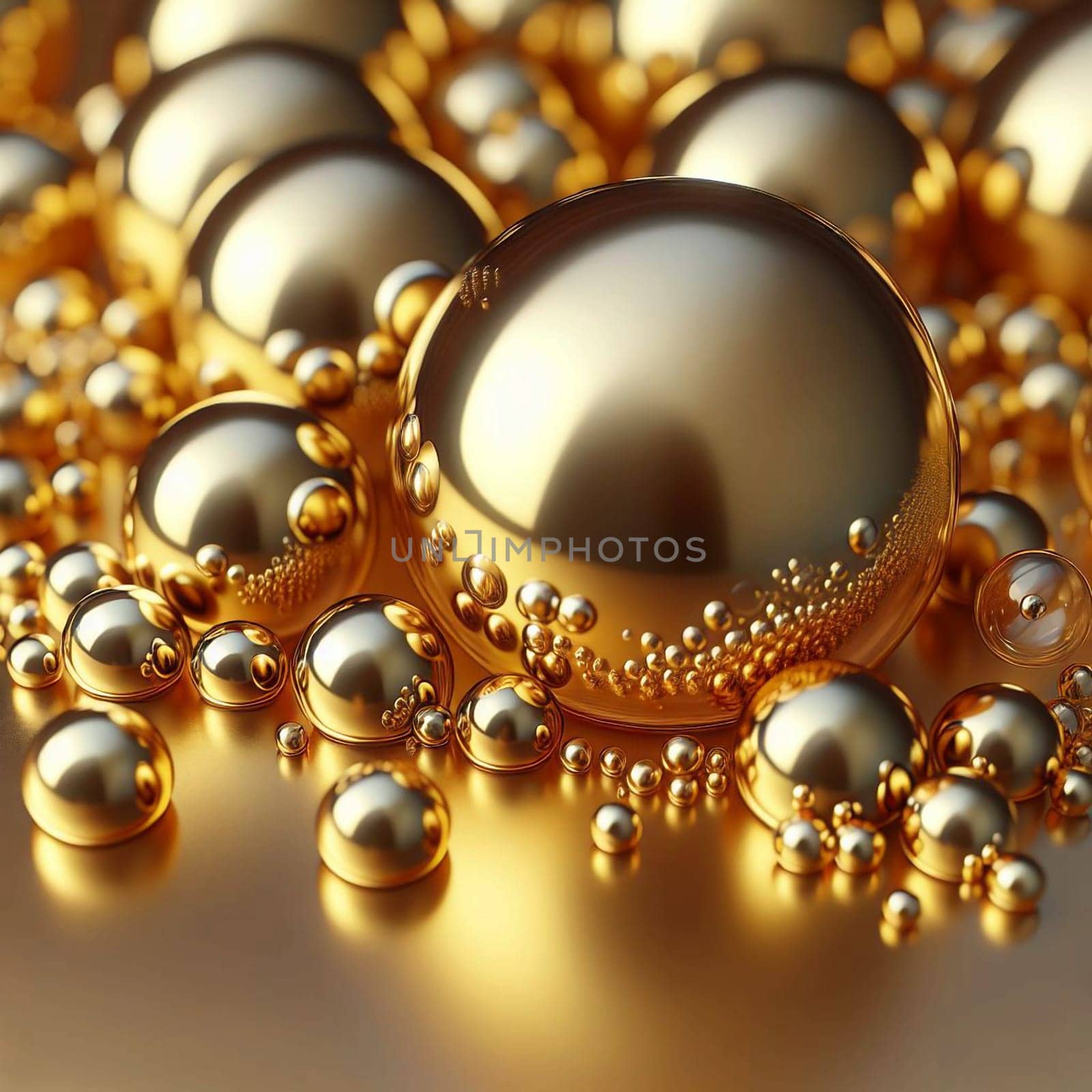 A group of golden spheres of various sizes, arranged in a close-up view, creating a luxurious and visually appealing composition. A high-quality photo.