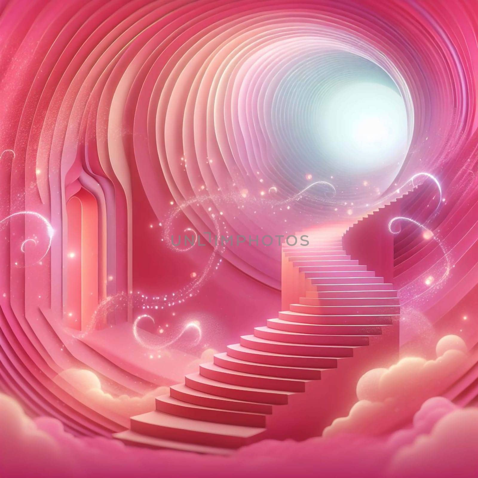 A pink tunnel with a glowing white light at the end, and a pink staircase leading toward it, suggesting a path to a brighter future. A high-quality photo.