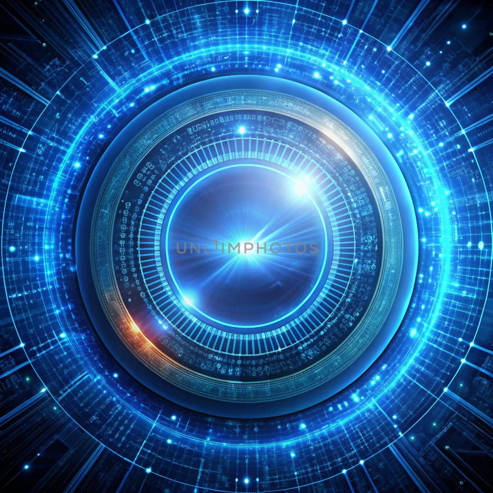 An abstract, futuristic design with a blue circular aperture in the center, surrounded by glowing lights and intricate digital patterns. It represents technology, innovation, and the digital world. High quality photo
