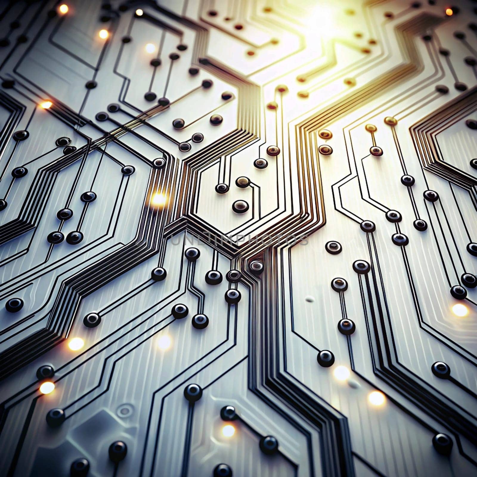 A close-up view of a circuit board with intricate lines and glowing lights. It symbolizes technology, innovation, and connectivity. High quality photo