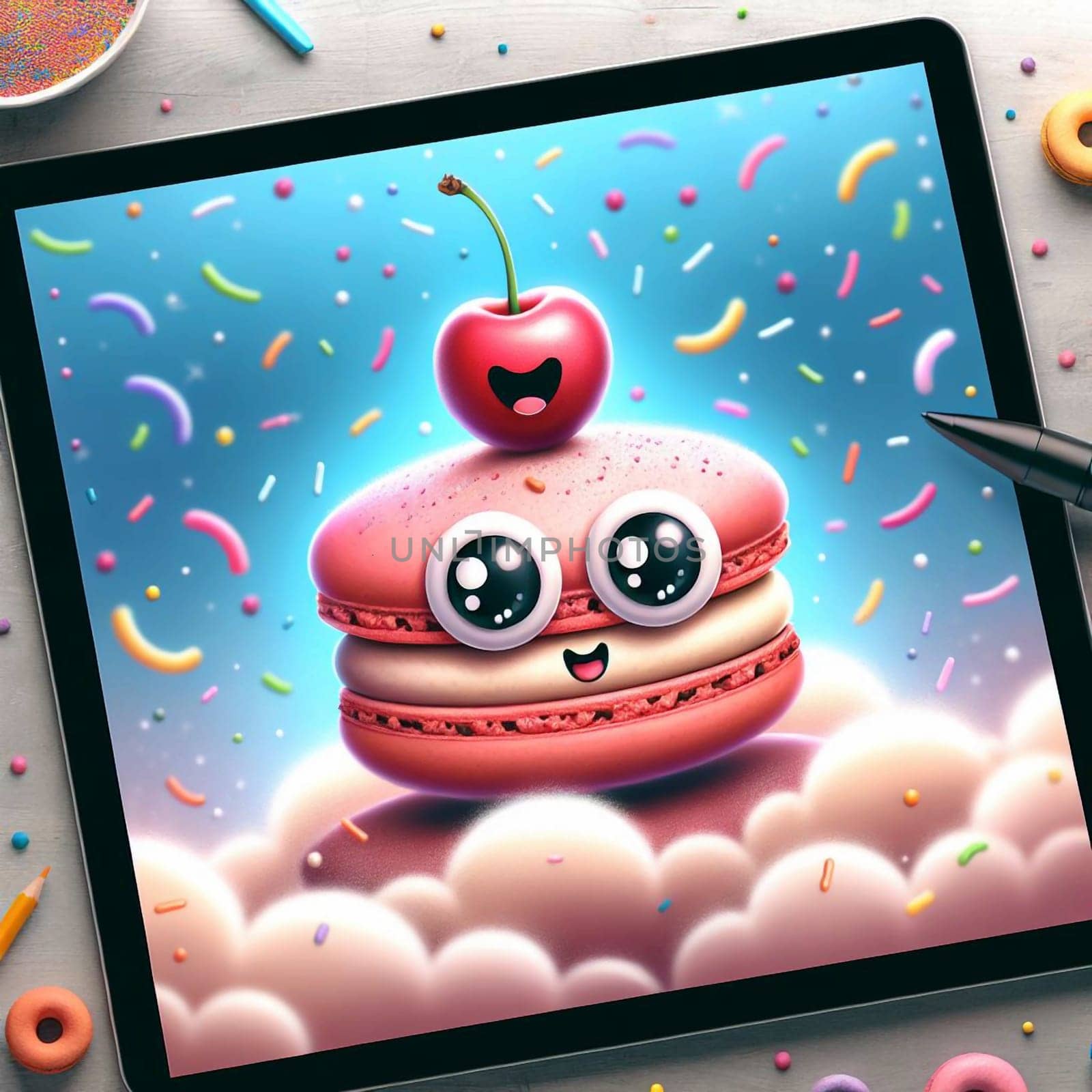 A cartoon illustration of a macaron with a cherry on top, looking happy and smiling. The macaron is on a cloud with colorful sprinkles around it. A high-quality photo.