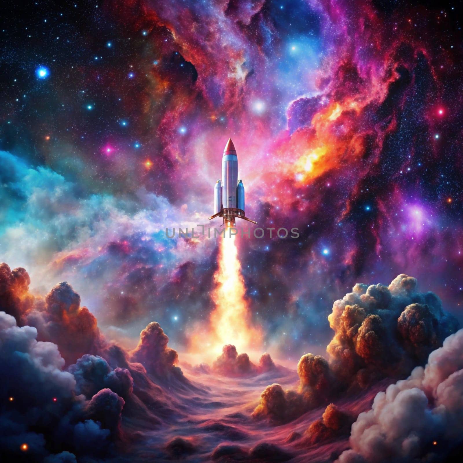 An illustration of a rocket launching through a colorful nebula, representing space exploration, adventure, and the pursuit of new frontiers. High quality photo