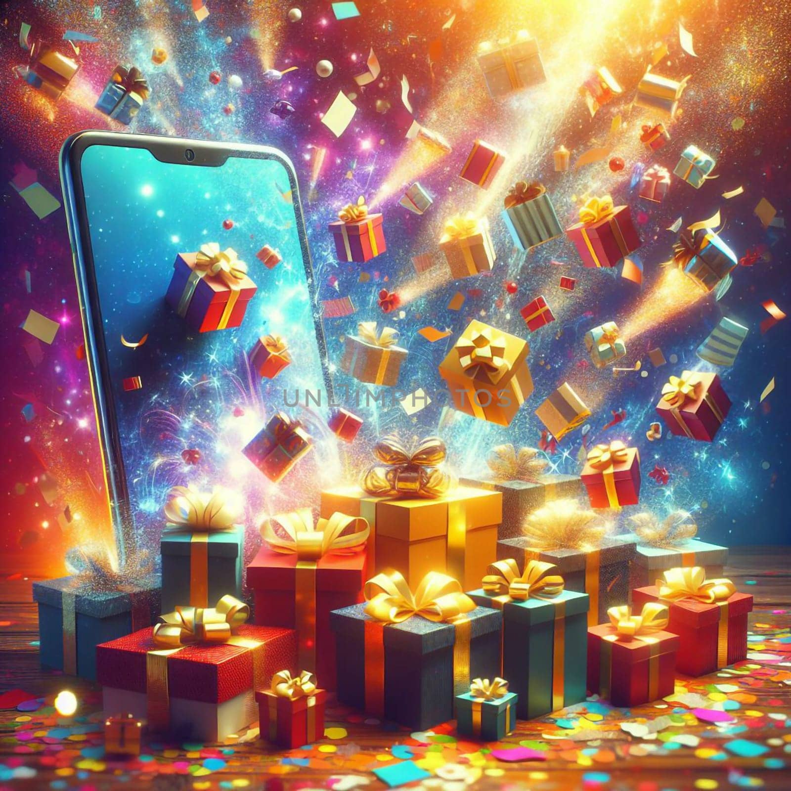A smartphone with a glowing screen and gift boxes flying out of it. The boxes are wrapped in colorful paper with golden ribbons. The scene is filled with confetti. A high-quality photo.