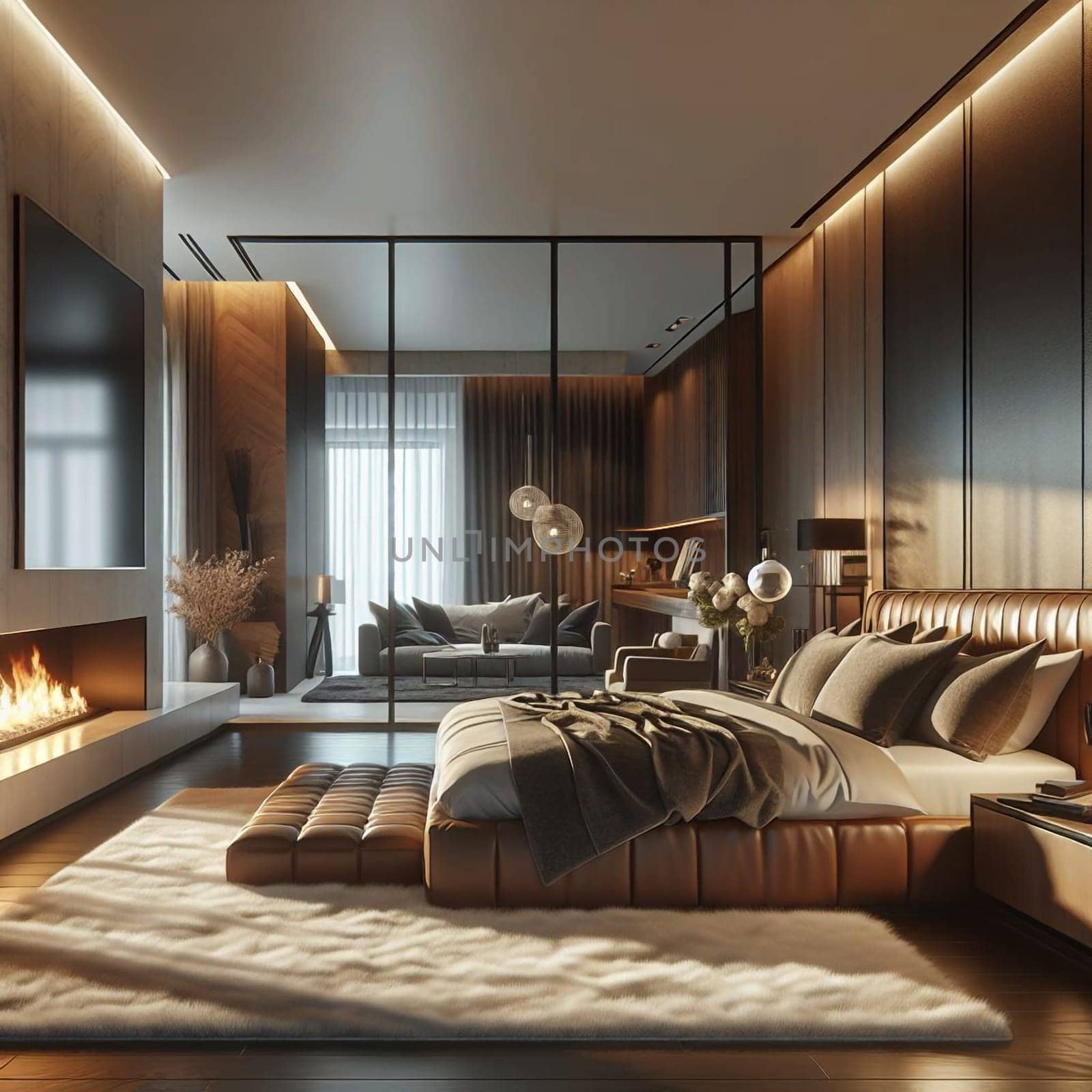 A luxurious bedroom interior with a large bed, a fireplace, and a modern glass partition. The room is decorated in warm tones with leather furniture and a cozy rug. A high-quality photo.