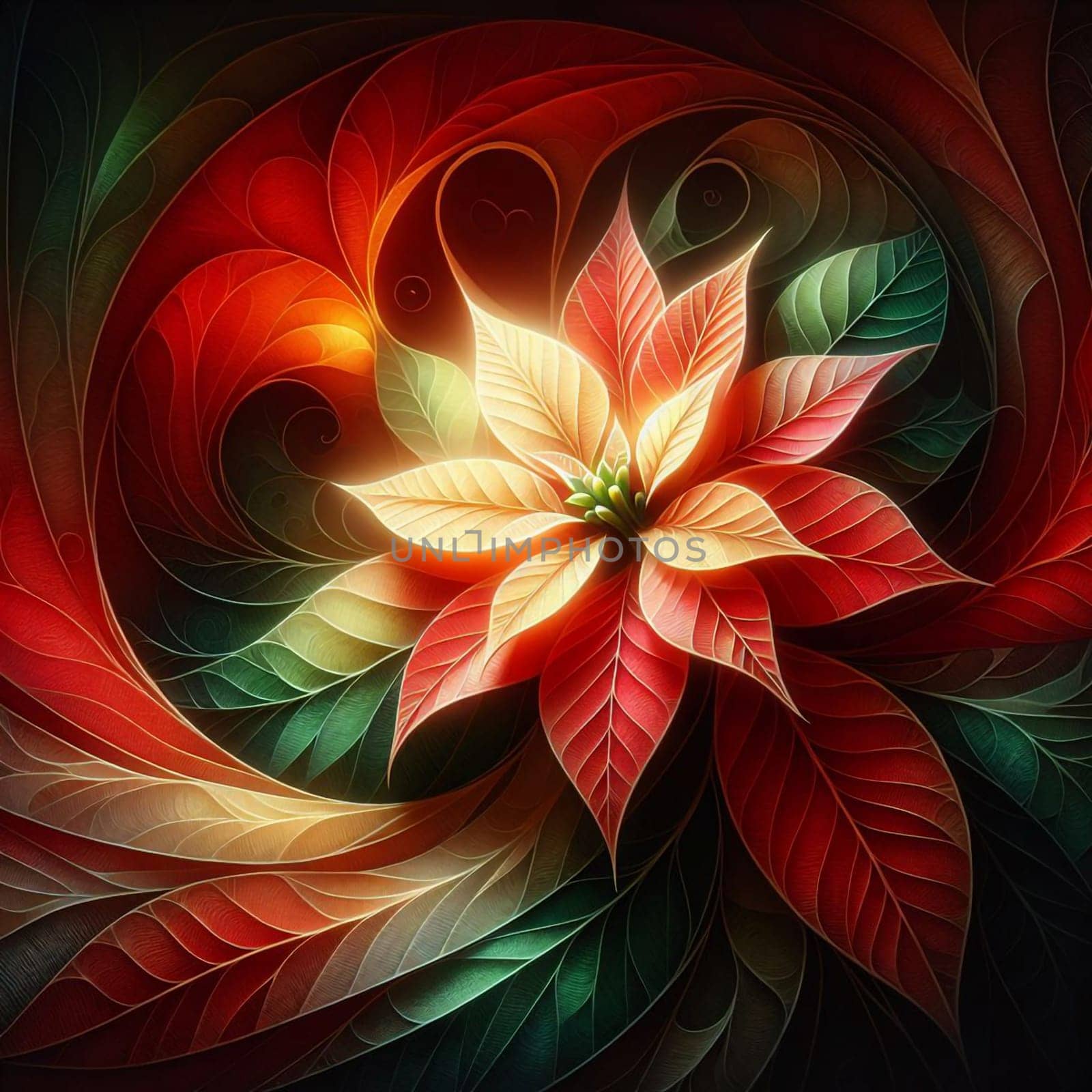 A stylized poinsettia flower with glowing petals and swirling leaves. The flower is framed by a dark background, highlighting its vibrant colors and delicate details. A high-quality photo.