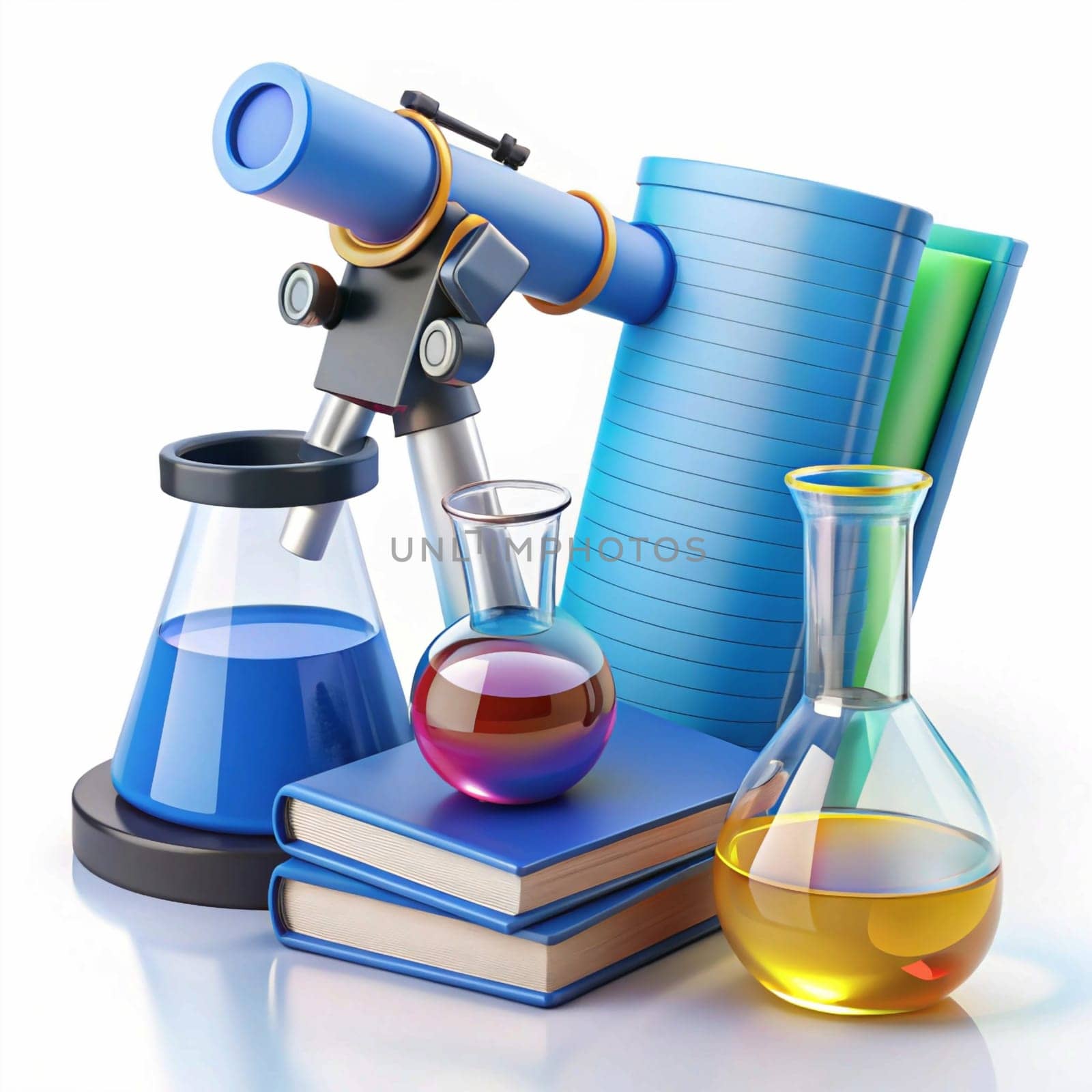 A 3D illustration of a group of school supplies, including a telescope, a microscope, beakers, and books. The image symbolizes education, science, and learning. High quality photo