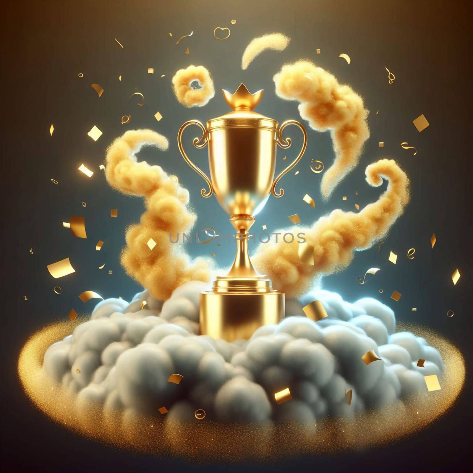 A golden trophy cup on a cloud with a golden sparkle and confetti falling around it. The trophy is a symbol of victory and success. A high-quality photo.