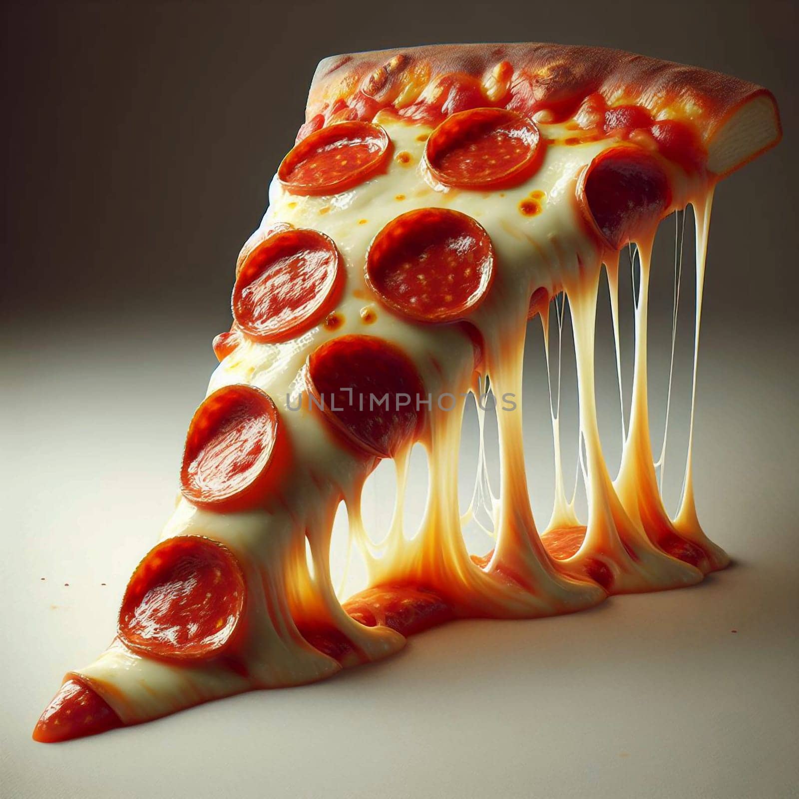 A single slice of pepperoni pizza with melted cheese dripping down the side. The pizza is fresh and appealing, with a crispy crust and gooey cheese. A high-quality photo.