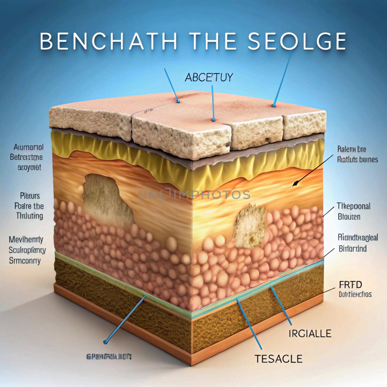 A diagram showing the layered structure of a geological formation with various labeled sections and features. High quality photo
