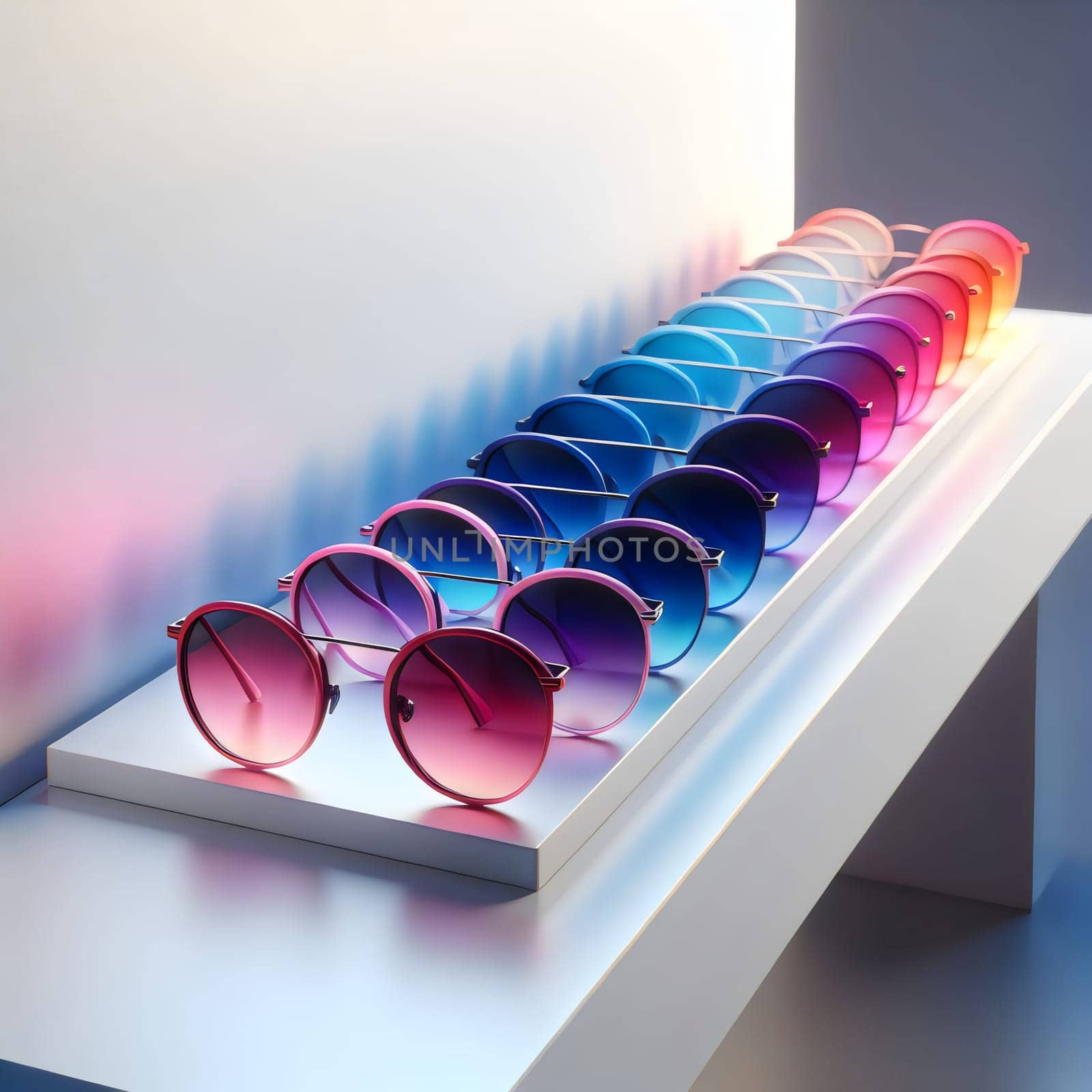 A row of colorful round sunglasses arranged on a shelf, displaying a gradient of colors from pink to orange. A high-quality photo.