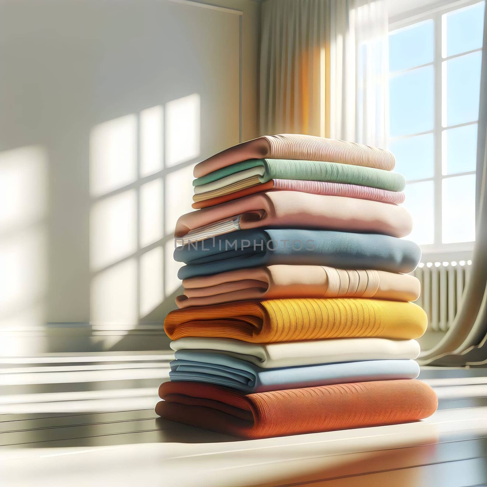 A stack of folded clothes in a variety of colors and textures. The clothes are neatly arranged, creating a clean and organized aesthetic. A high-quality photo.