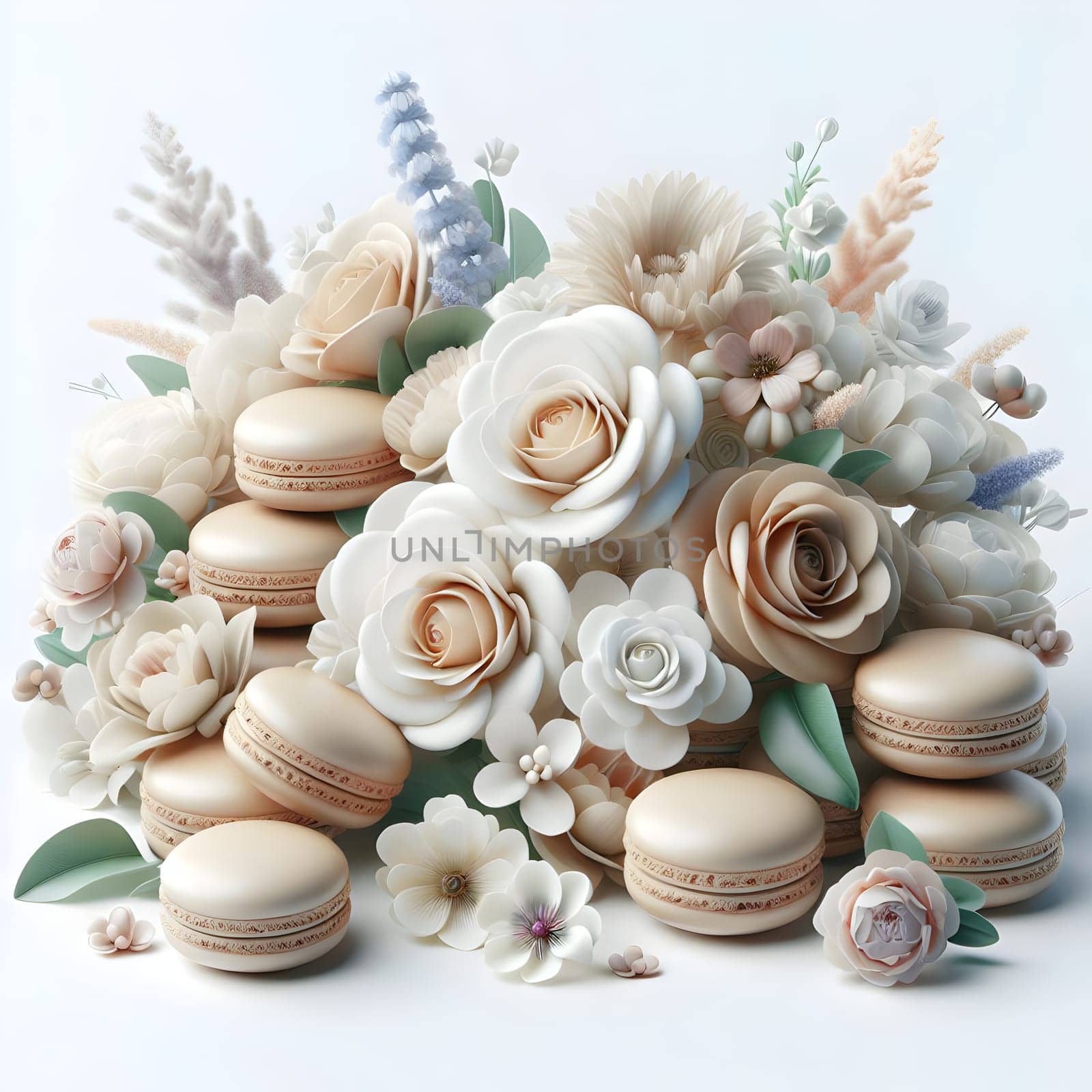 A group of beige macarons and white roses, arranged in a stylish and elegant composition. A high-quality photo.