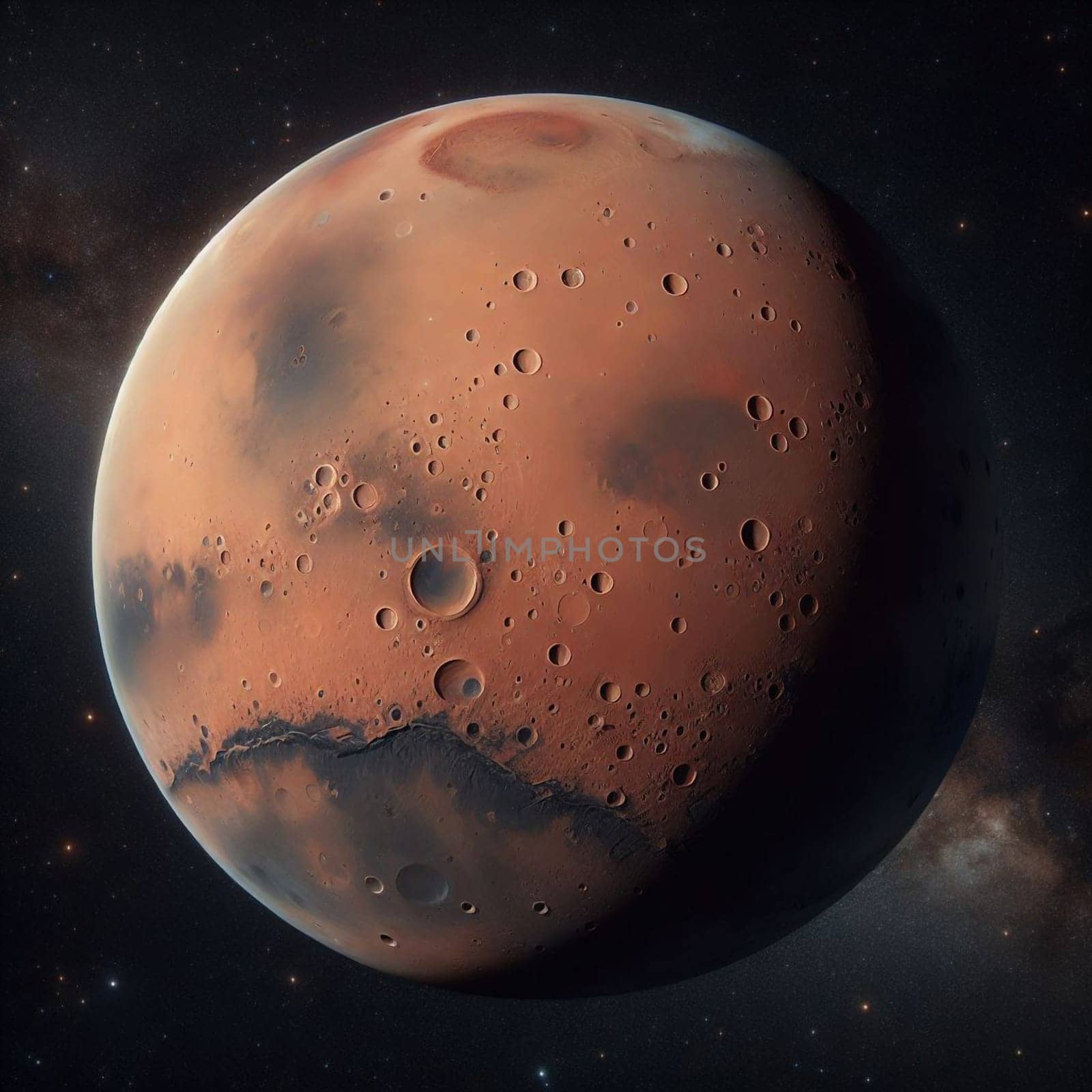 A realistic depiction of the planet Mars, showcasing its red surface, craters, and canyons. The planet is surrounded by a starry background, creating a sense of cosmic vastness. A high-quality photo.