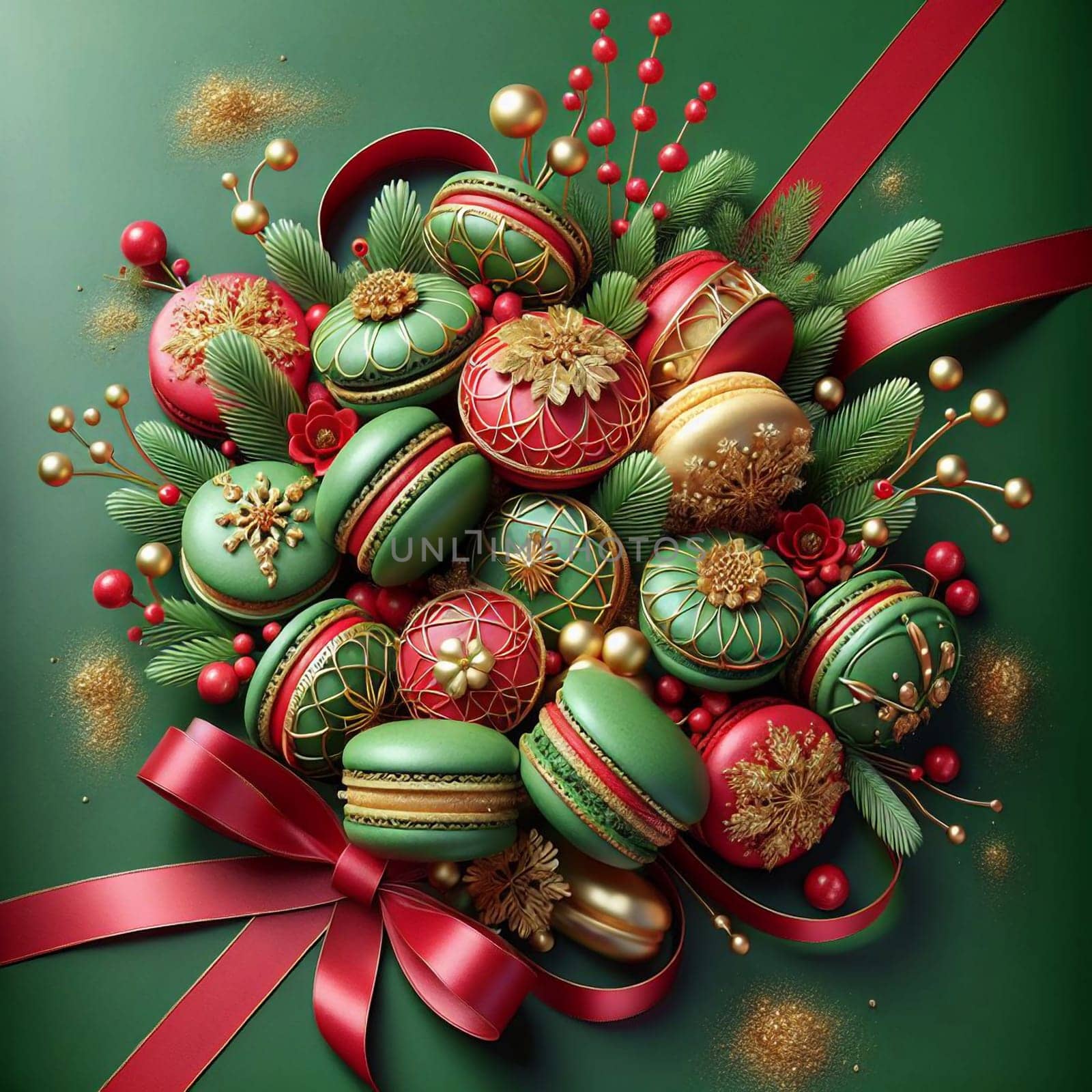 A festive and whimsical arrangement of Christmas-themed macarons with green and red decorations, adorned with golden accents and a red ribbon. A high-quality photo.