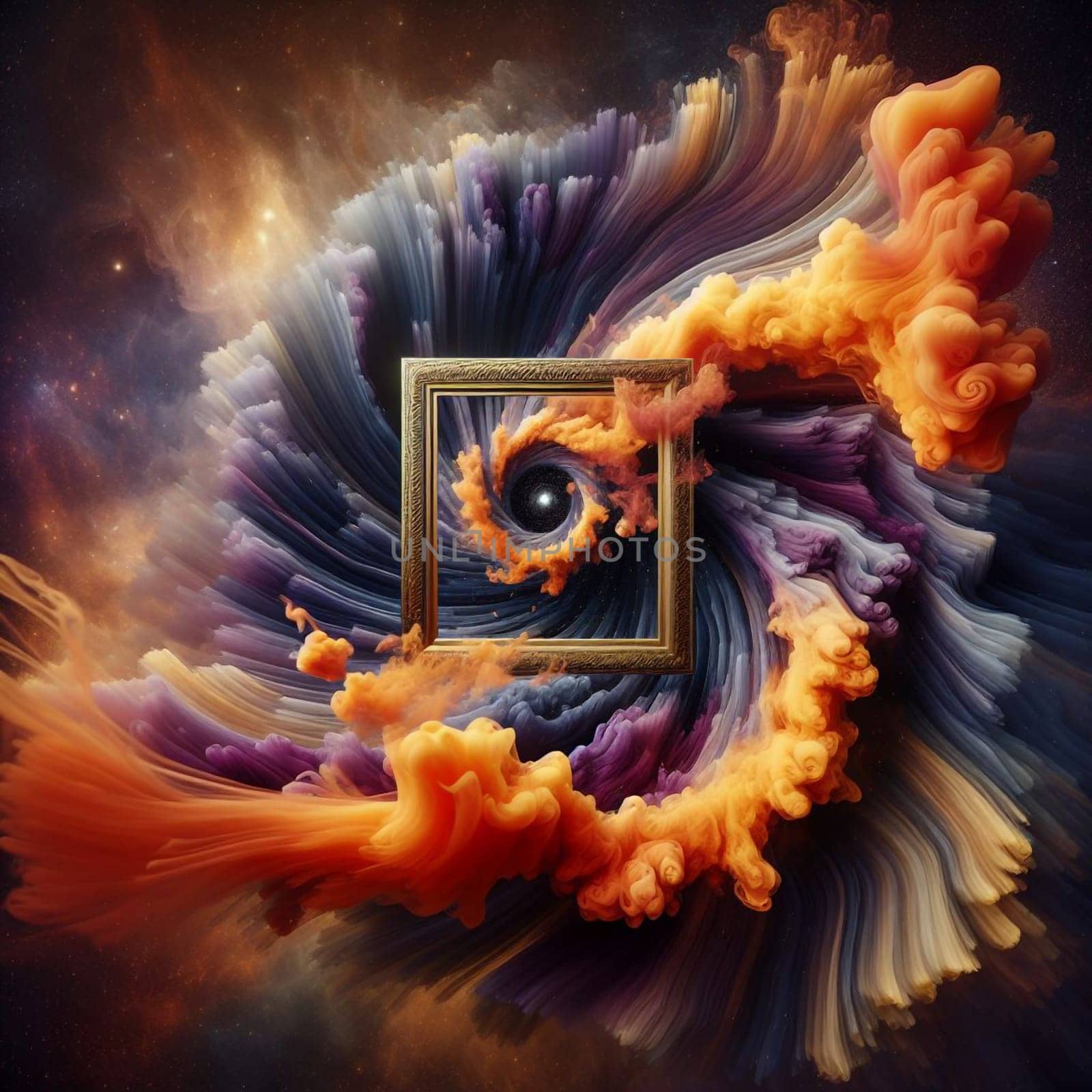 A swirling, abstract composition of swirling clouds of color and a golden frame, creating a sense of depth and mystery. A high-quality photo.