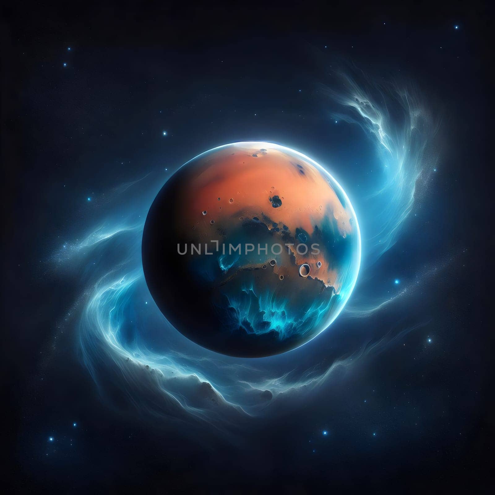 A stylized illustration of a planet with a blue and orange surface, surrounded by a glowing blue nebula in space. A high-quality photo.
