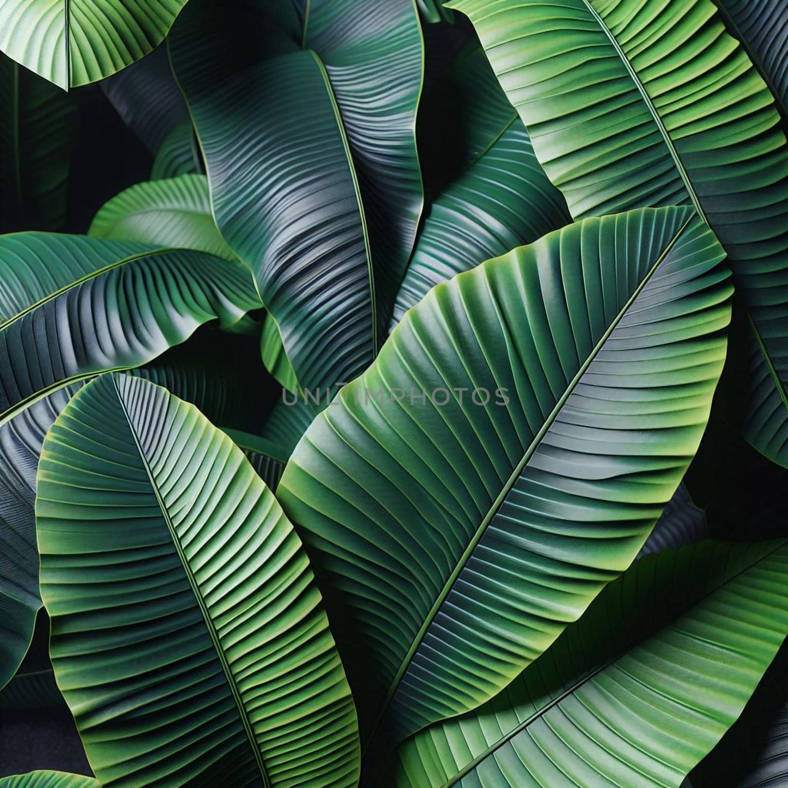 A close-up shot of a cluster of large, green banana leaves. The leaves are textured and vibrant, creating a tropical and organic pattern. A high-quality photo.