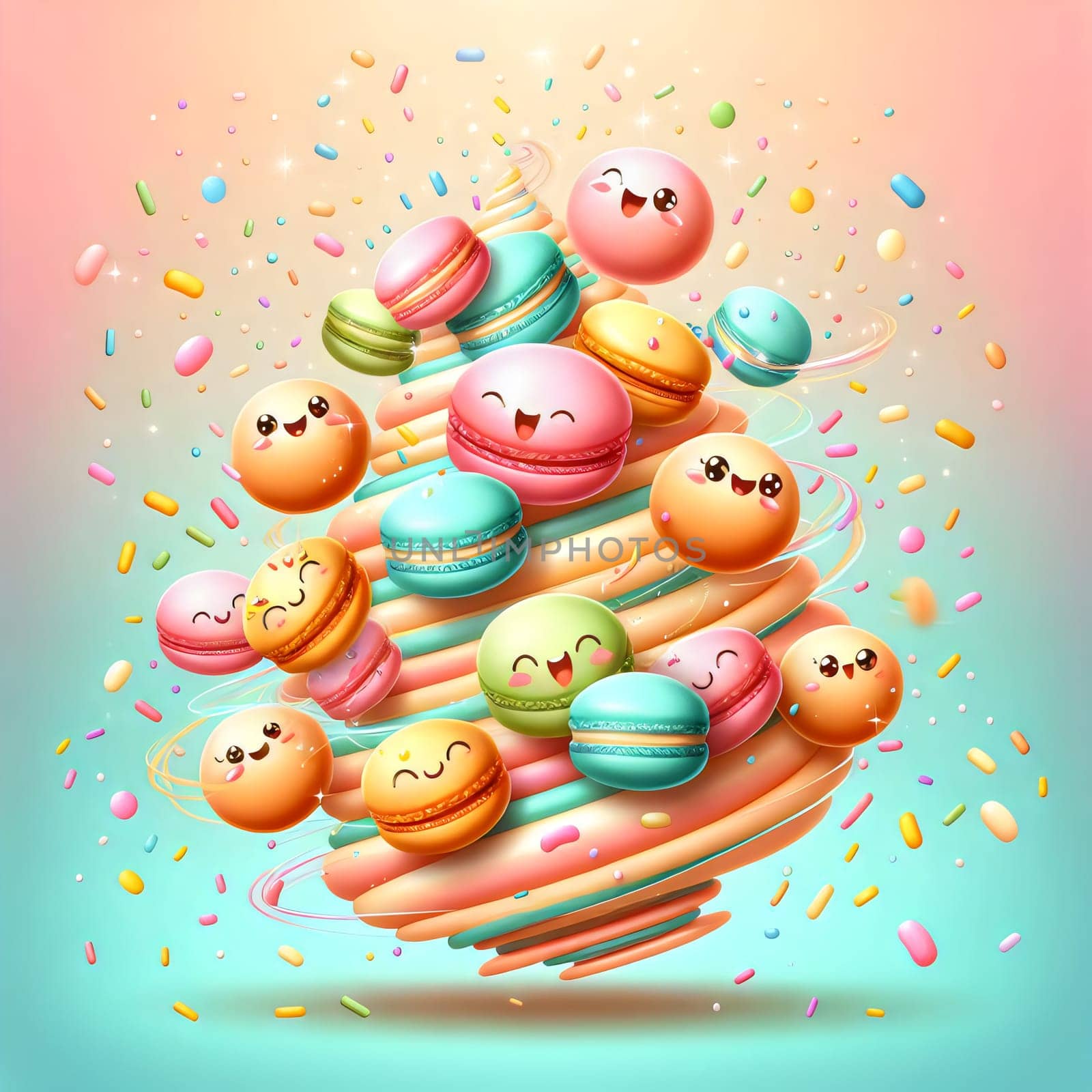 Whimsical illustration of a swirling macaron tower with happy faces and sprinkles. The tower is made of different colors and textures, creating a playful and delicious scene. A high-quality photo.