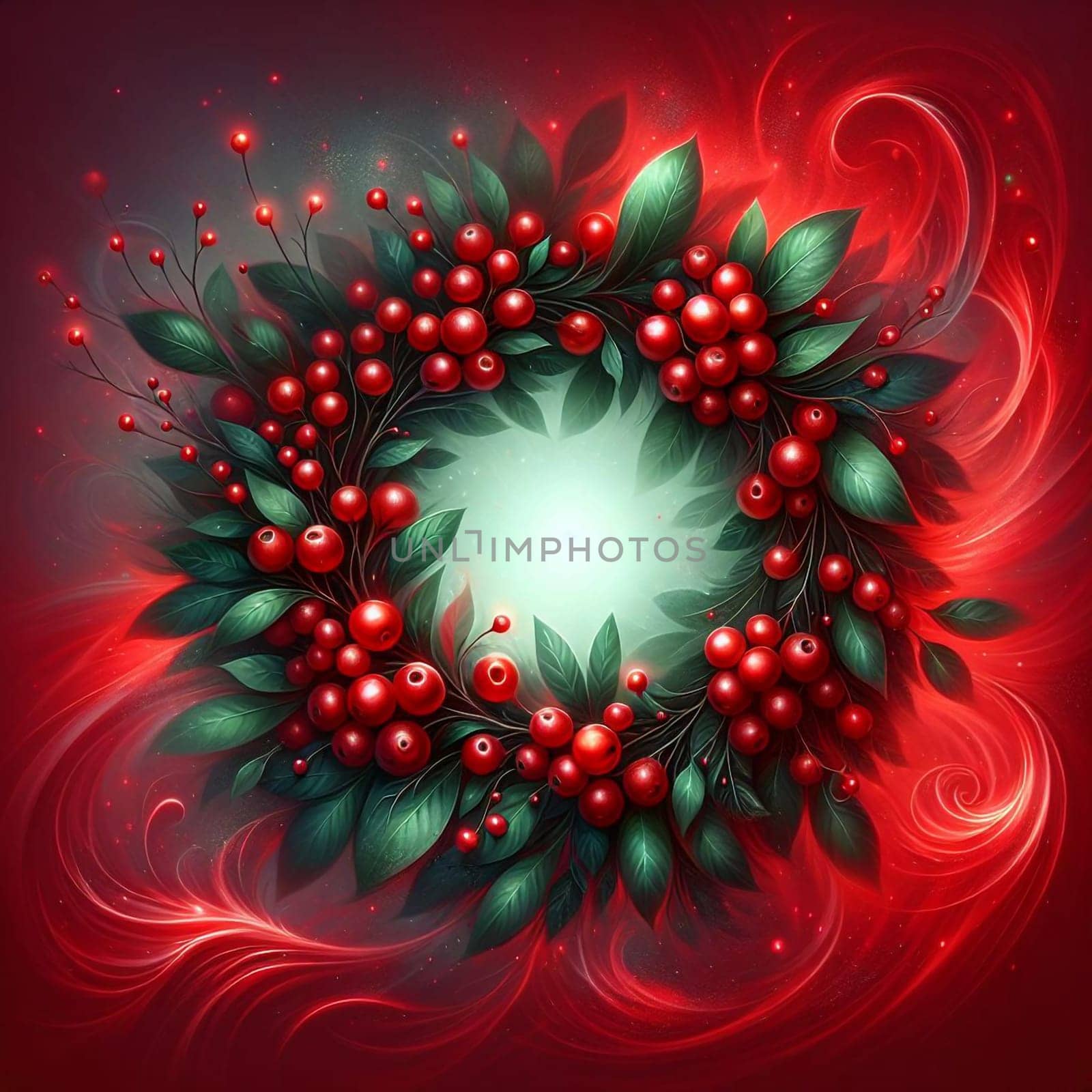 A Christmas wreath made of red berries and green leaves, with a glowing center. The wreath is surrounded by a swirling, red background, creating a festive atmosphere. A high-quality photo.