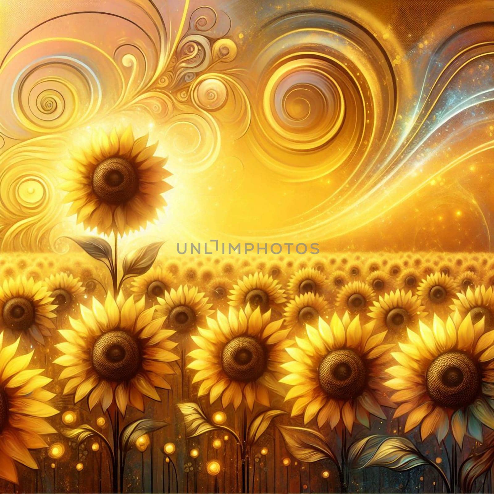 A dreamlike depiction of a field of sunflowers bathed in warm, golden light, with swirling patterns and glowing orbs in the background. A high-quality photo.