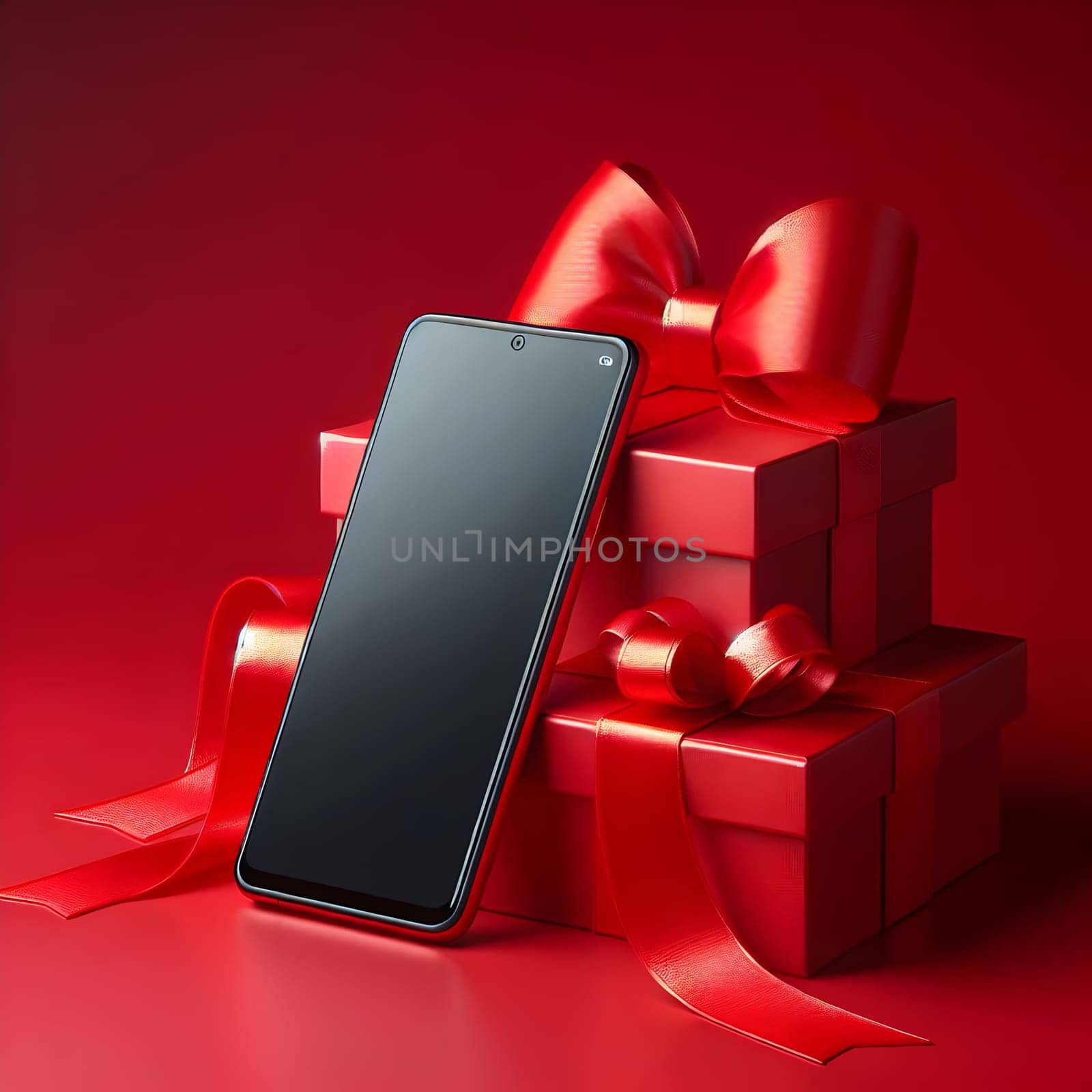 A black smartphone with a red border sits on top of a stack of red gift boxes with red ribbons. A high-quality photo.