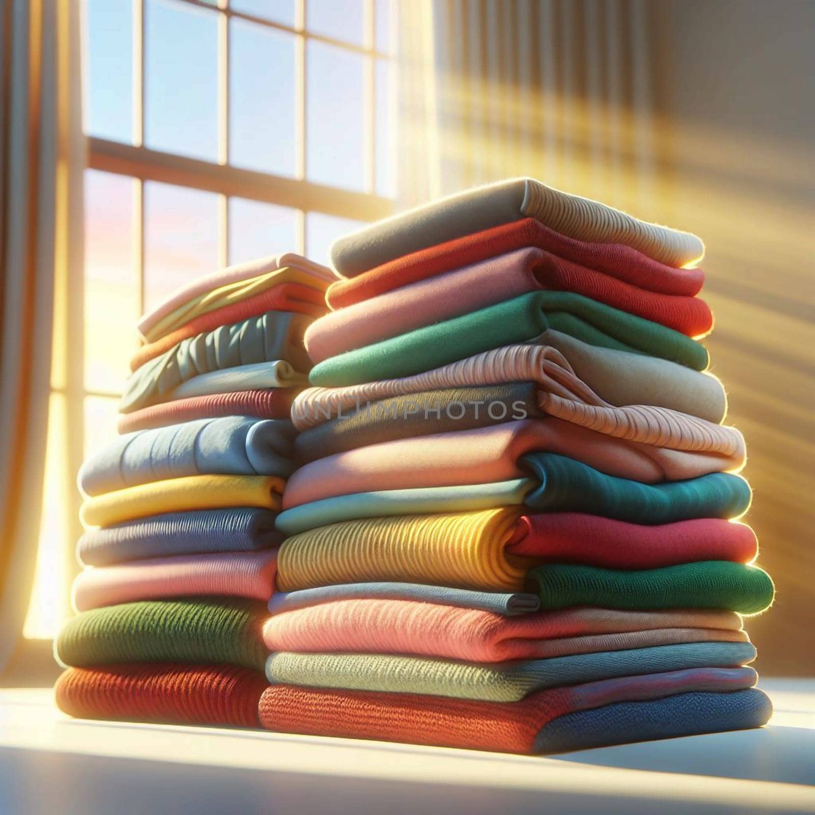 Two stacks of folded clothes in various colors are arranged in a room bathed in sunlight. A high-quality photo.