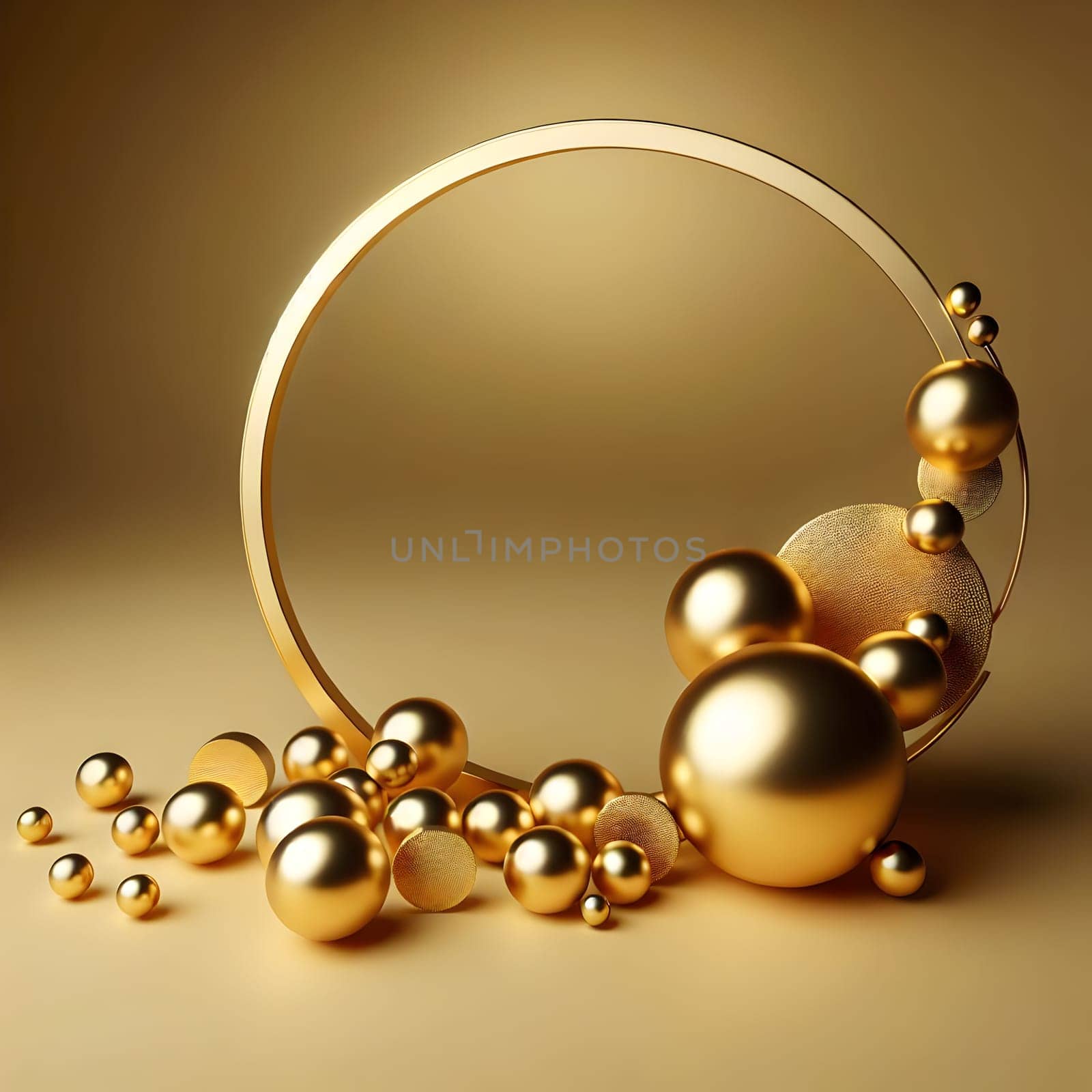 A golden ring with scattered golden spheres and discs. The scene is minimalist and elegant, with a soft, golden light. A high-quality photo.