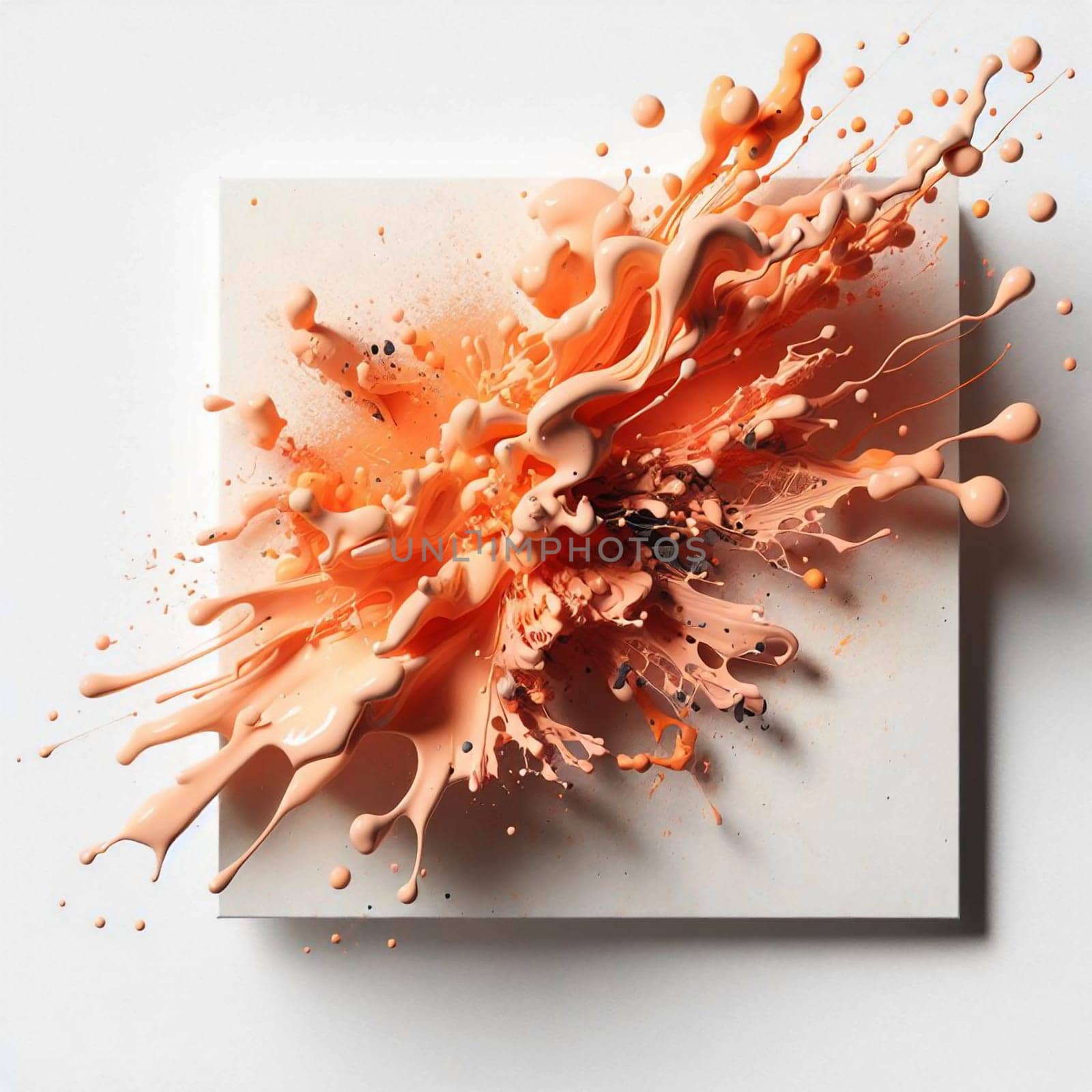 An abstract image of a orange paint explosion, with splashes and droplets flying outwards from a central point. The paint is captured in mid-air. A high-quality photo.