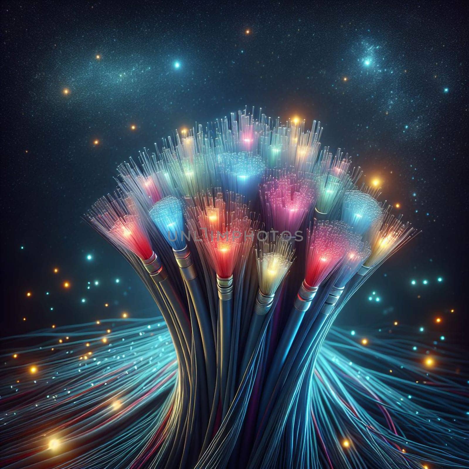 A bunch of fiber optic cables with glowing, colorful lights at the ends. The cables are arranged in a starburst shape against a dark blue background with stars. A high-quality photo.