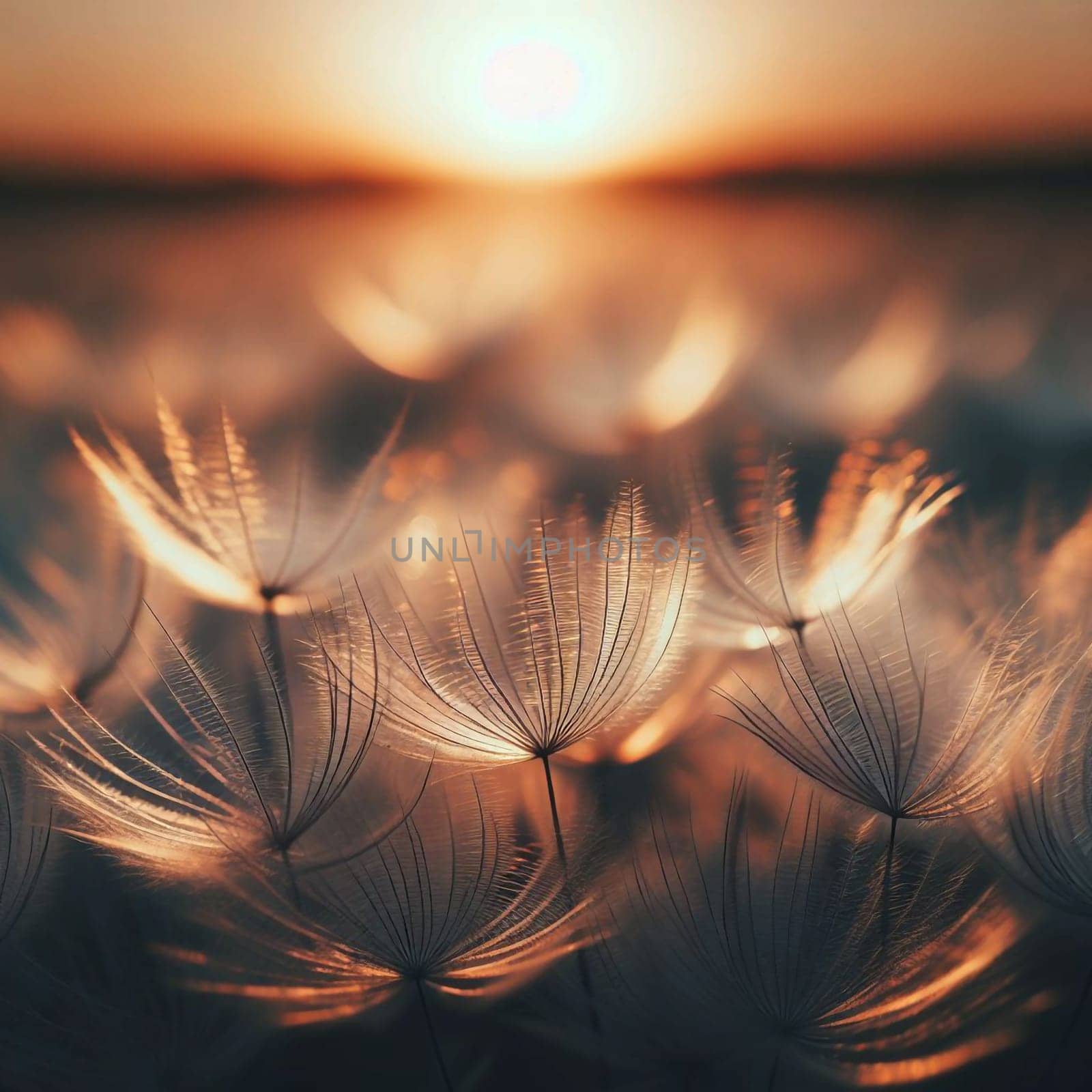 A close-up shot of a field of dandelion seeds illuminated by the golden light of the setting sun. The seeds are delicate and feathery, and they are backlit by the warm light. A high-quality photo.