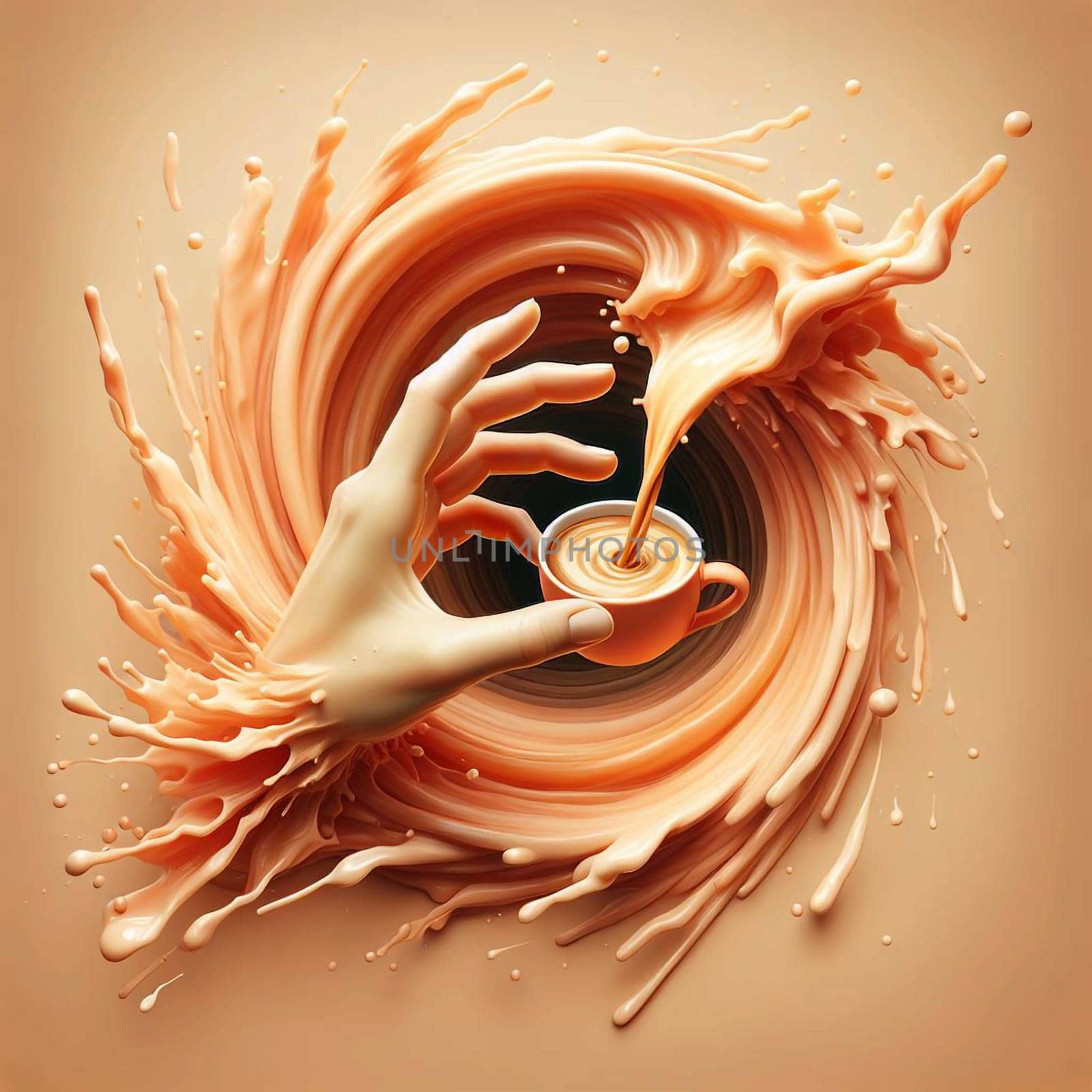 A hand holding a cup of coffee, surrounded by a swirling vortex of coffee-colored liquid. The scene is set against a light brown background. A high-quality photo.