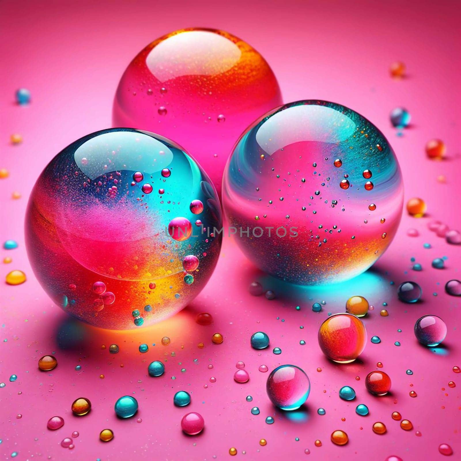 A group of colorful, transparent spheres, each with a smaller sphere inside. The spheres are arranged on a pink background. A high-quality photo.
